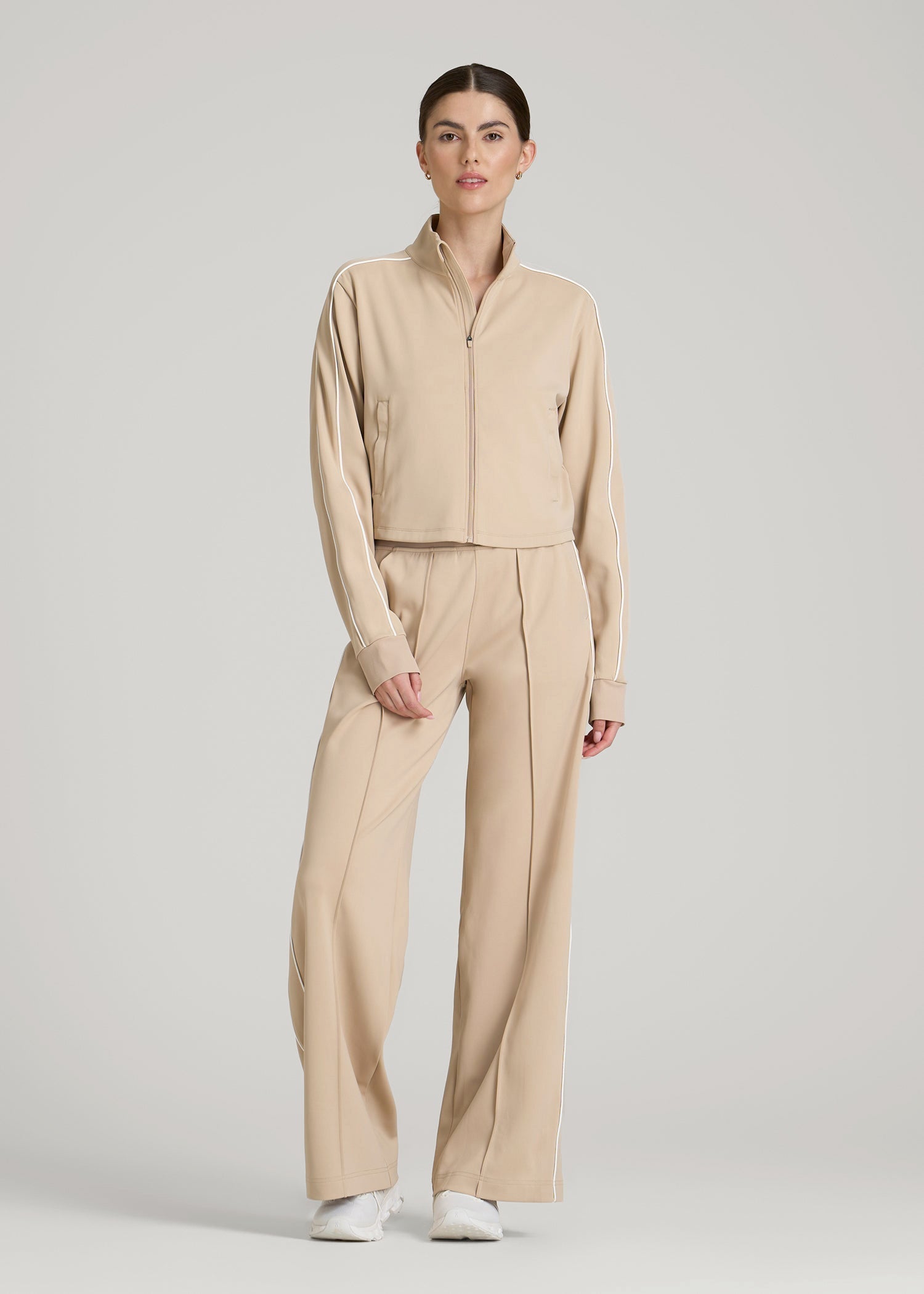 Cropped Track Jacket with Piping for Tall Women in Clay