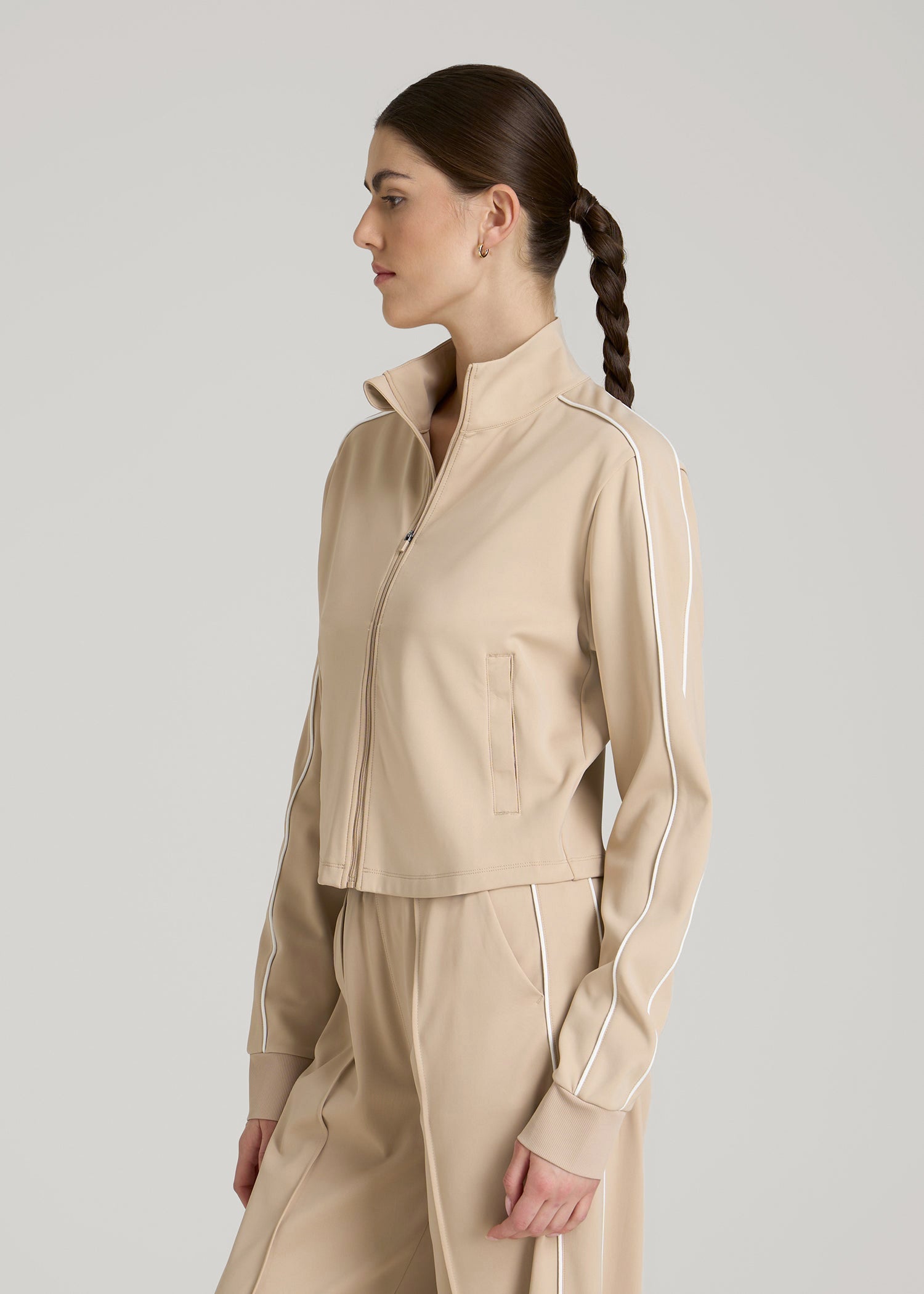 Cropped Track Jacket with Piping for Tall Women in Clay