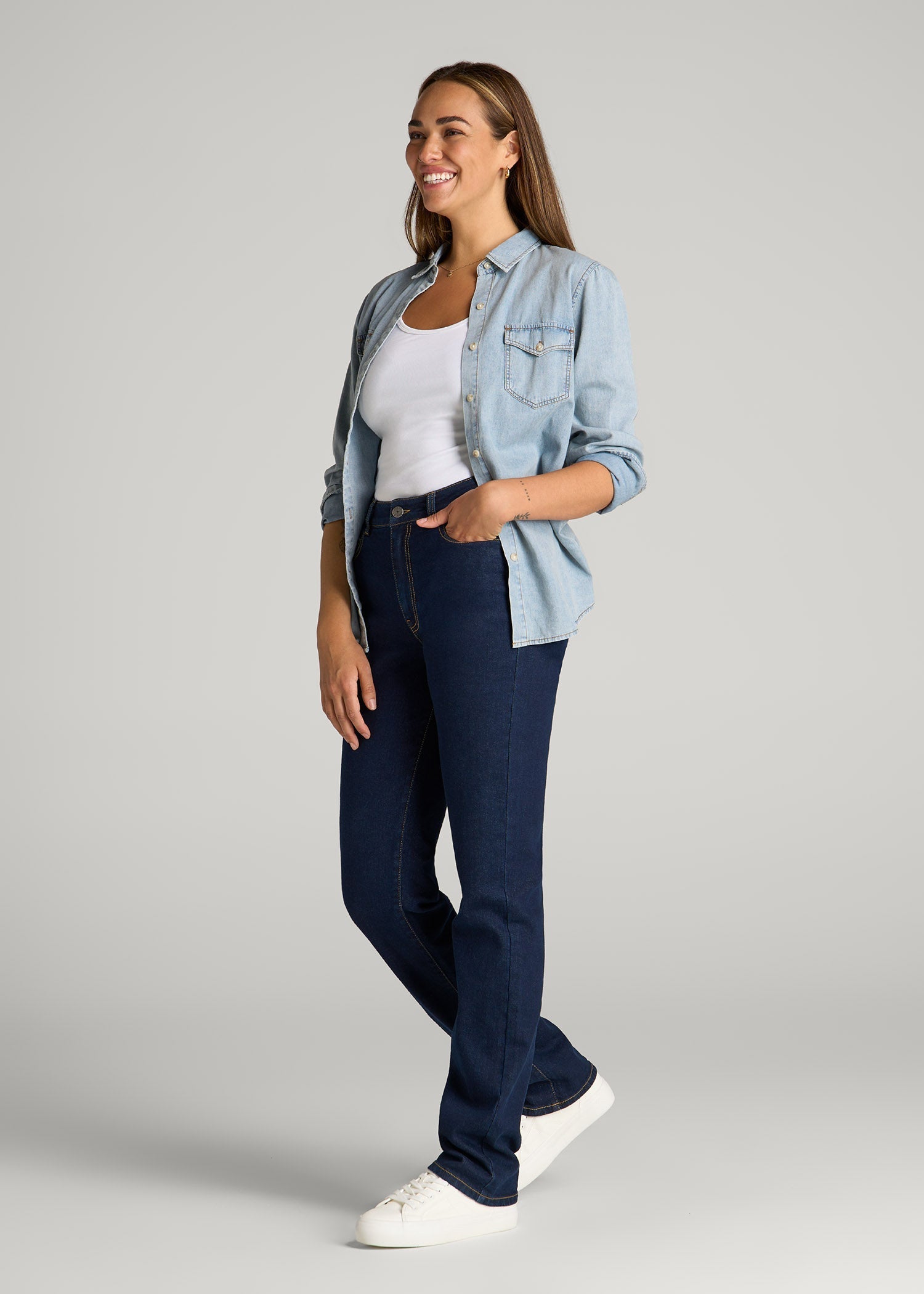 Harper High-Rise Straight Stretch Jeans for Tall Women in Ink Blue