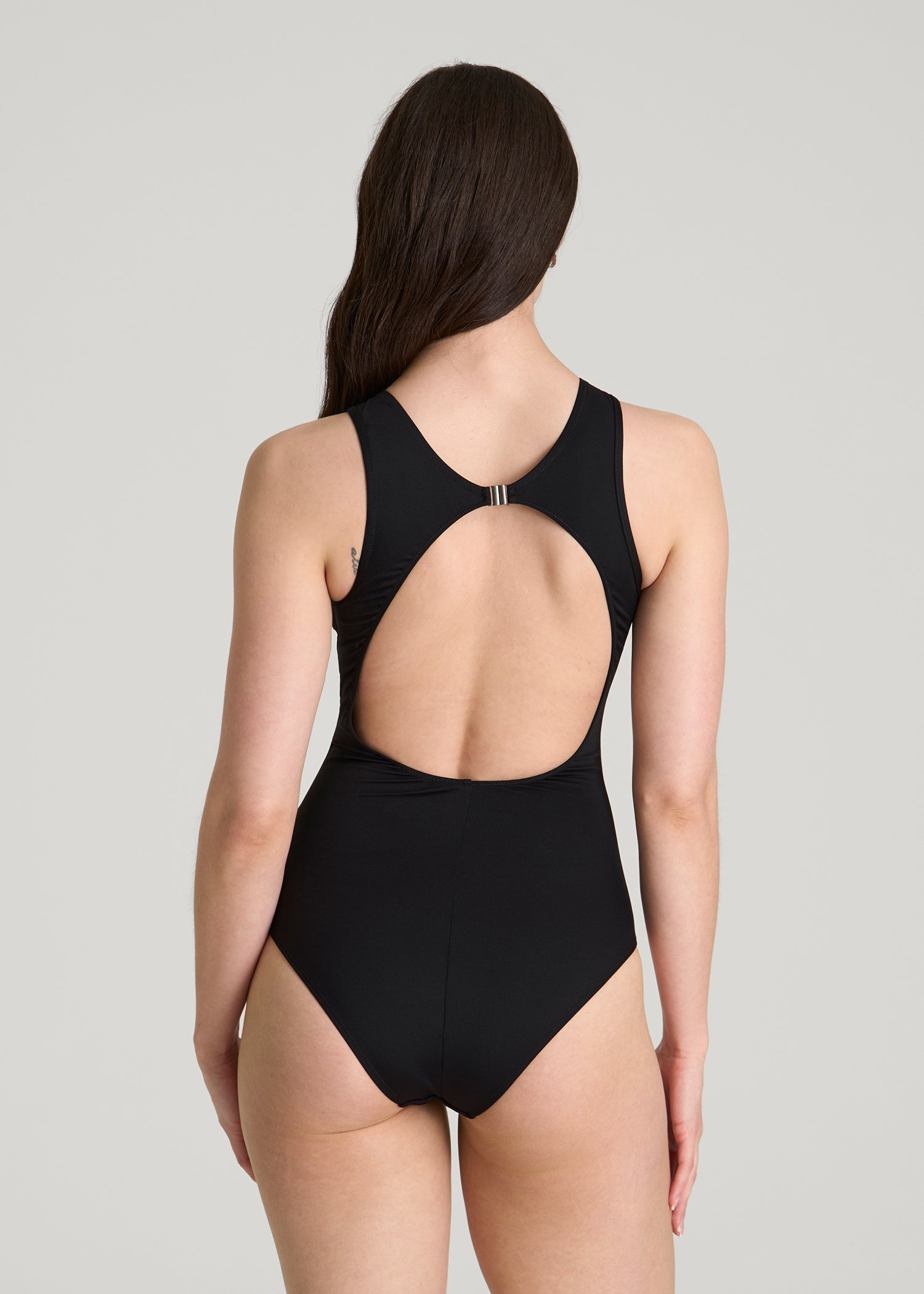 High Neck Mesh One Piece Swimsuit for Tall Women in Deep Black