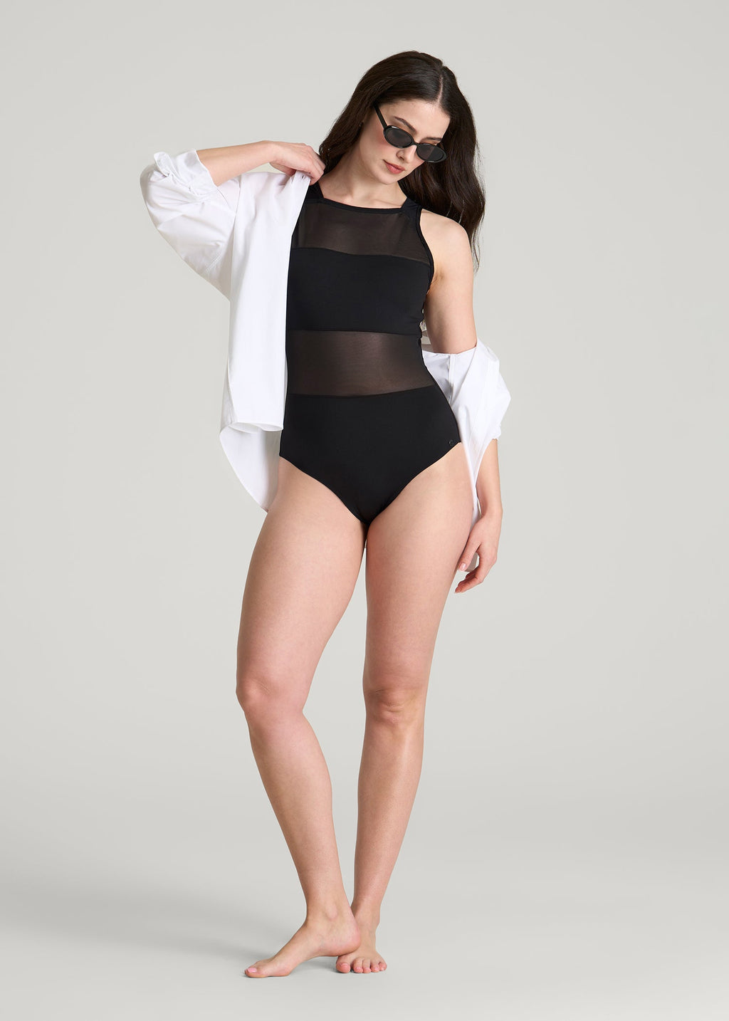 High Neck Mesh One Piece Swimsuit for Tall Women in Deep Black