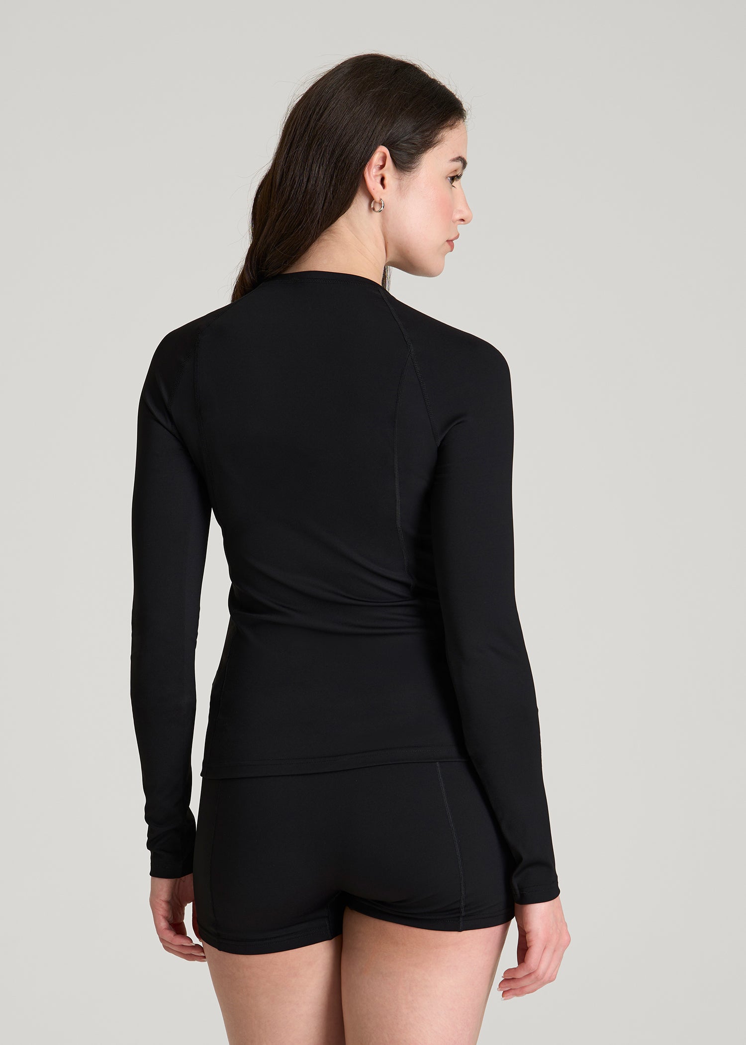 Long Sleeve Crewneck Rashguard for Tall Women in Deep Black