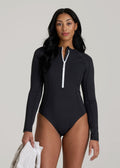 Long Sleeve UPF 50 One Piece Swimsuit for Tall Women in Black