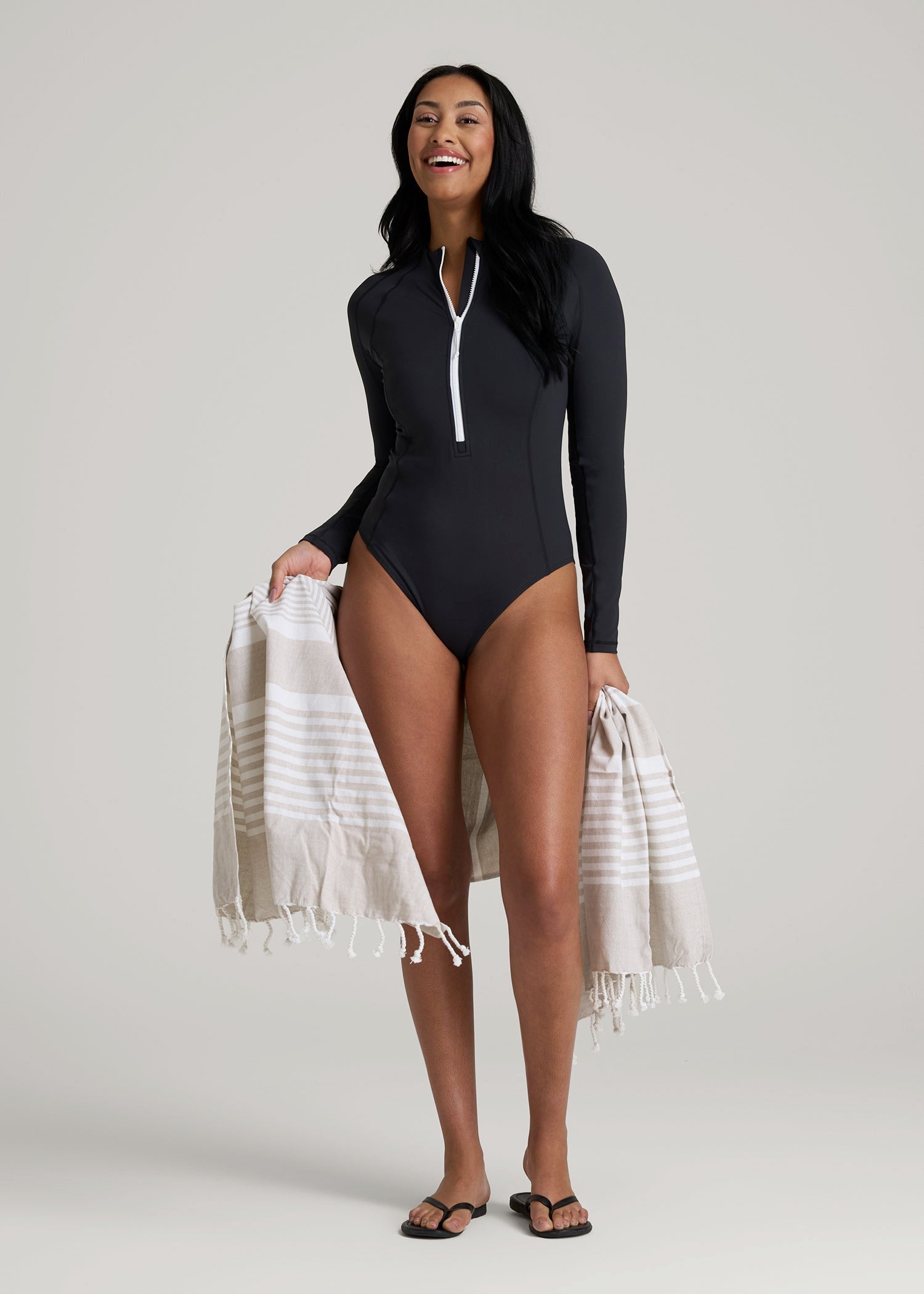 Long Sleeve UPF 50 One Piece Swimsuit for Tall Women in Black