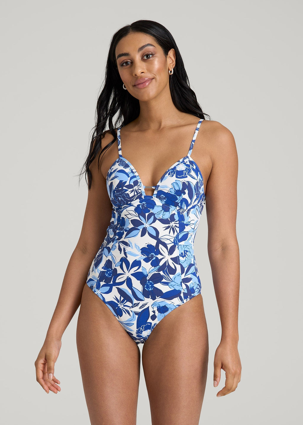 Low Cut One-Piece Swimsuit for Tall Women in Blue and White Floral