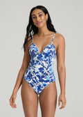 Low Cut One-Piece Swimsuit for Tall Women in Blue and White Floral