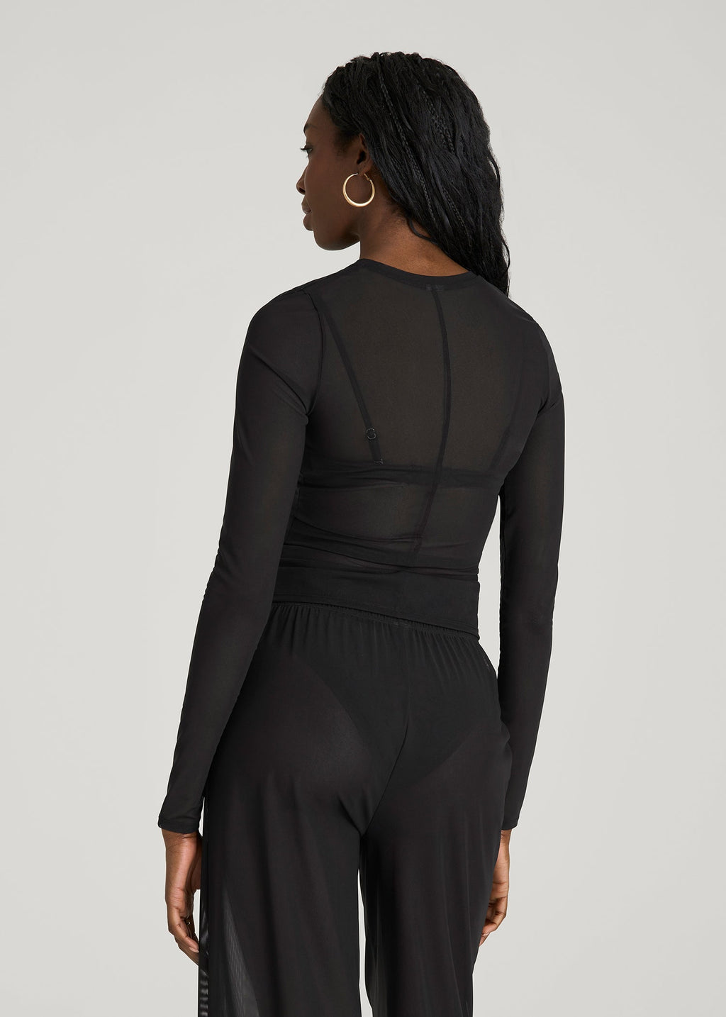 Power Mesh Fitted Long Sleeve Top for Tall Women in Deep Black