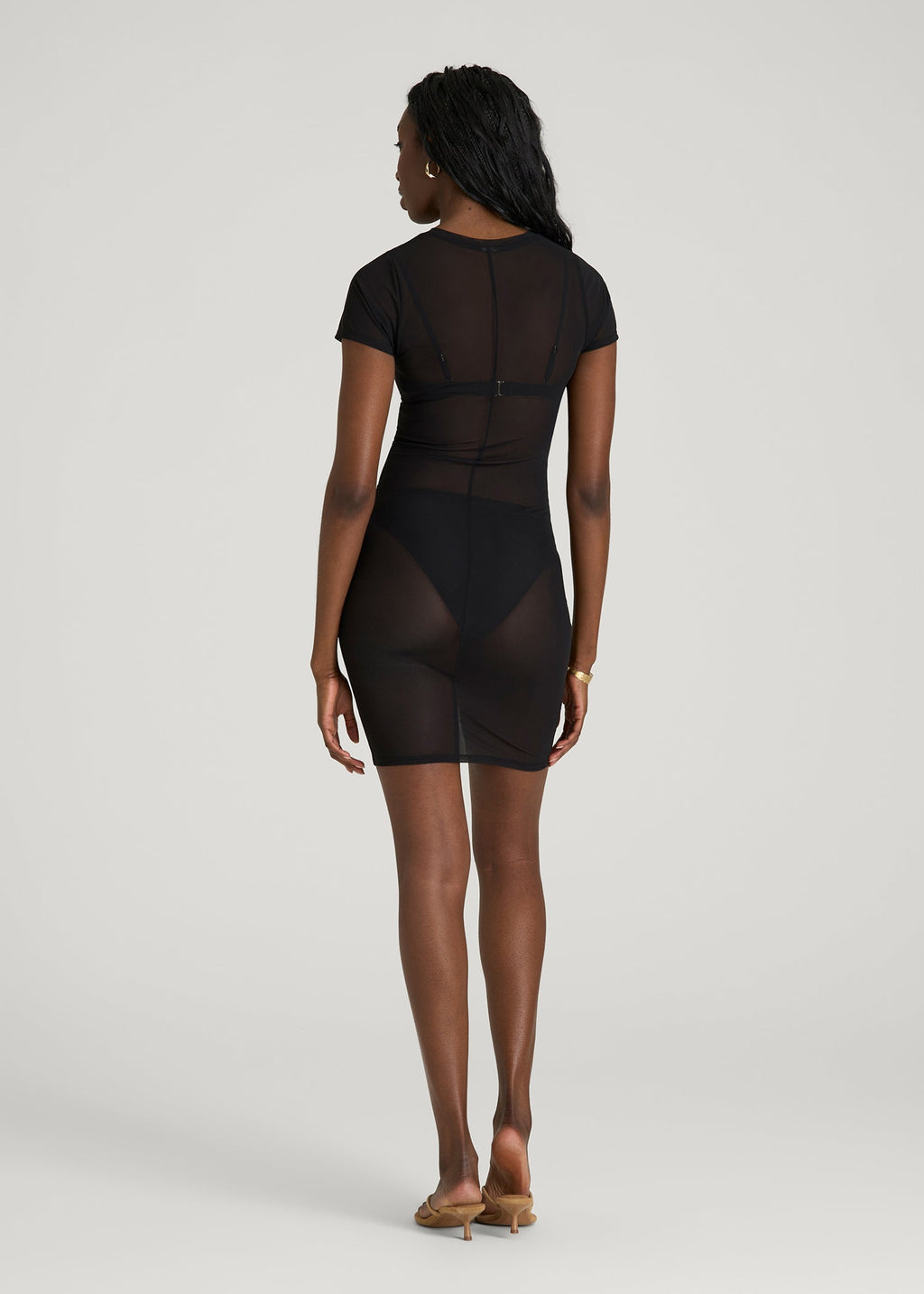 Power Mesh Fitted Short Sleeve Mini Dress for Tall Women in Deep Black