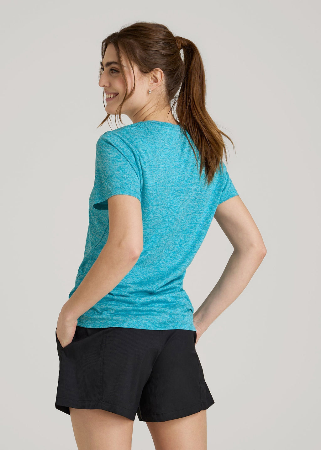 Short Sleeve Active V Neck T-Shirt for Tall Women in Scuba Blue Mix