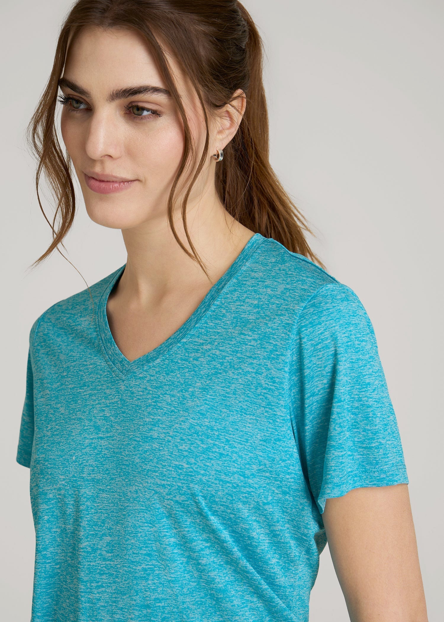 Short Sleeve Active V Neck T-Shirt for Tall Women in Scuba Blue Mix