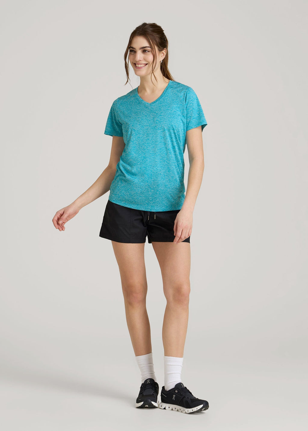 Short Sleeve Active V Neck T-Shirt for Tall Women in Scuba Blue Mix