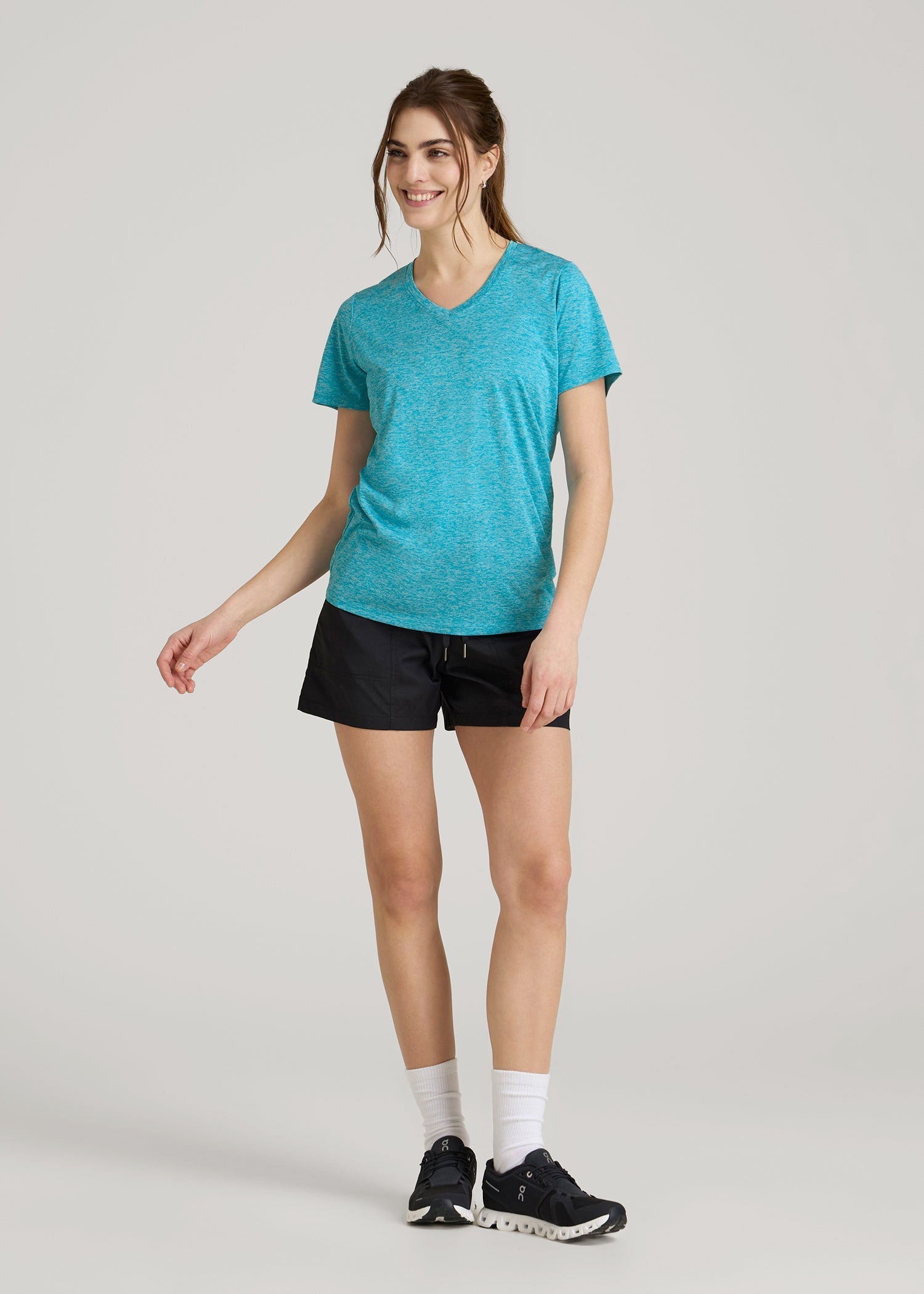 Short Sleeve Active V Neck T-Shirt for Tall Women in Scuba Blue Mix