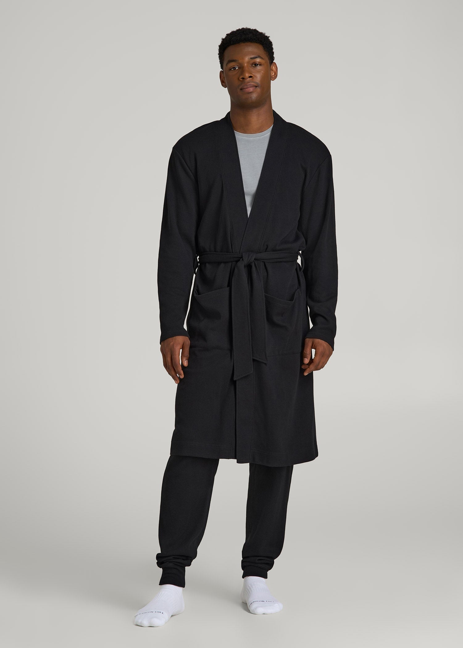 Waffle-Knit Lounge Robe for Tall Men in Black