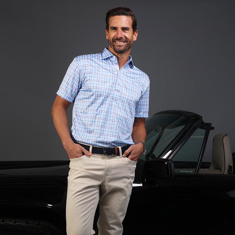 Semi-Spread Collar Polo Sea Island Blue and Purple Plaid