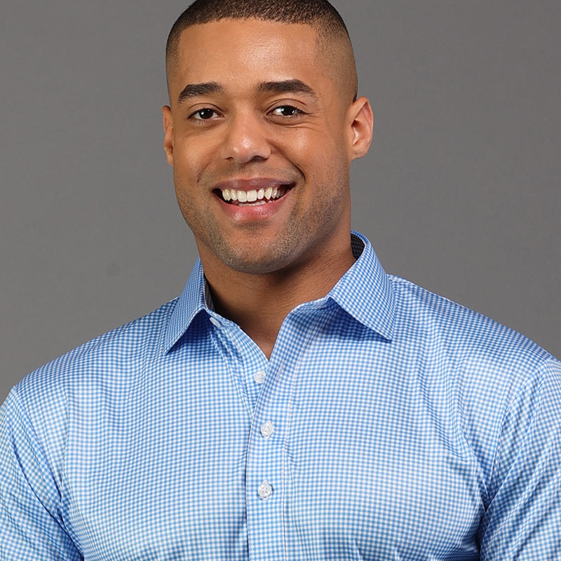 Long Sleeve Semi-Spread Collar Polo Light Blue Micro Gingham