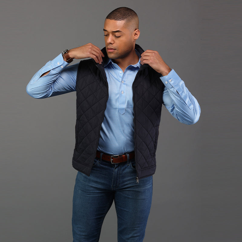 Long Sleeve Semi-Spread Collar Polo Light Blue Micro Gingham