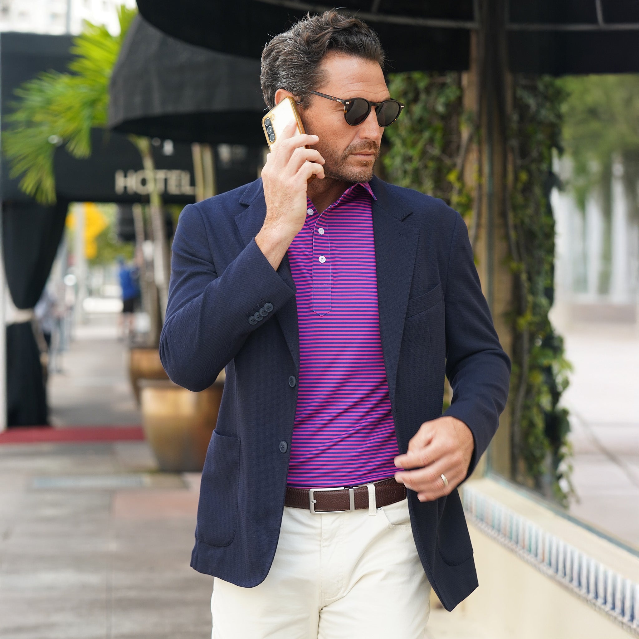 Featherweight Flex Polo Collins Berry with Navy Stripe