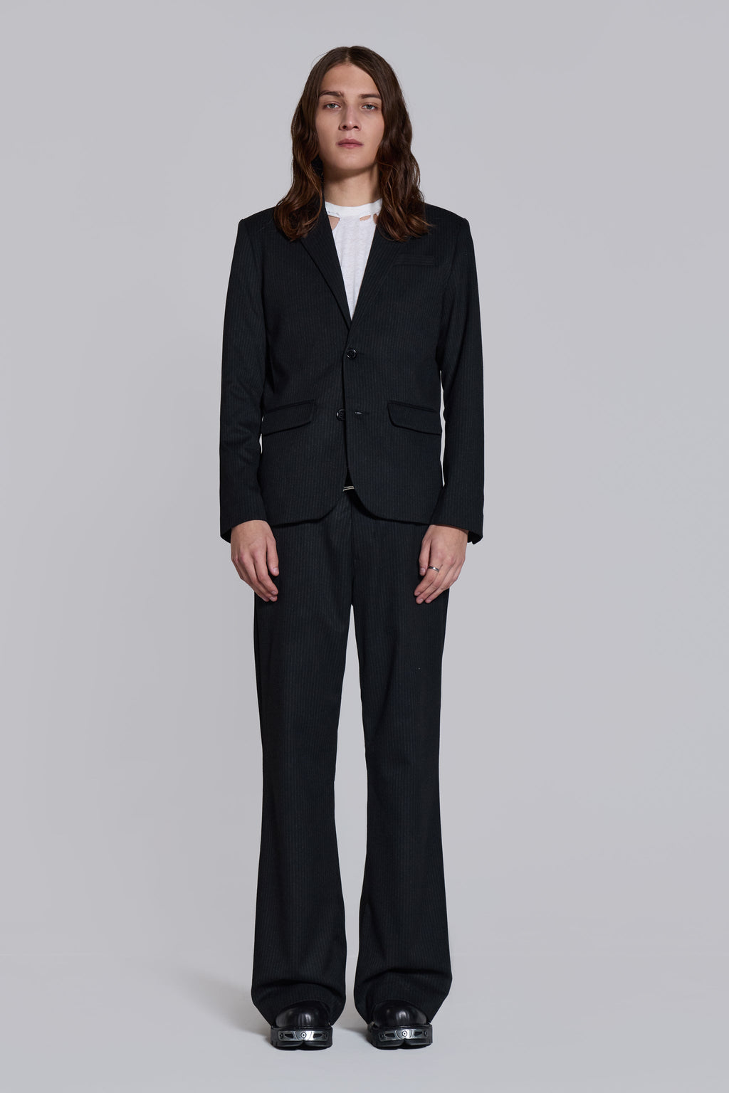 Black Pinstripe Stacked Straight Suit Pants