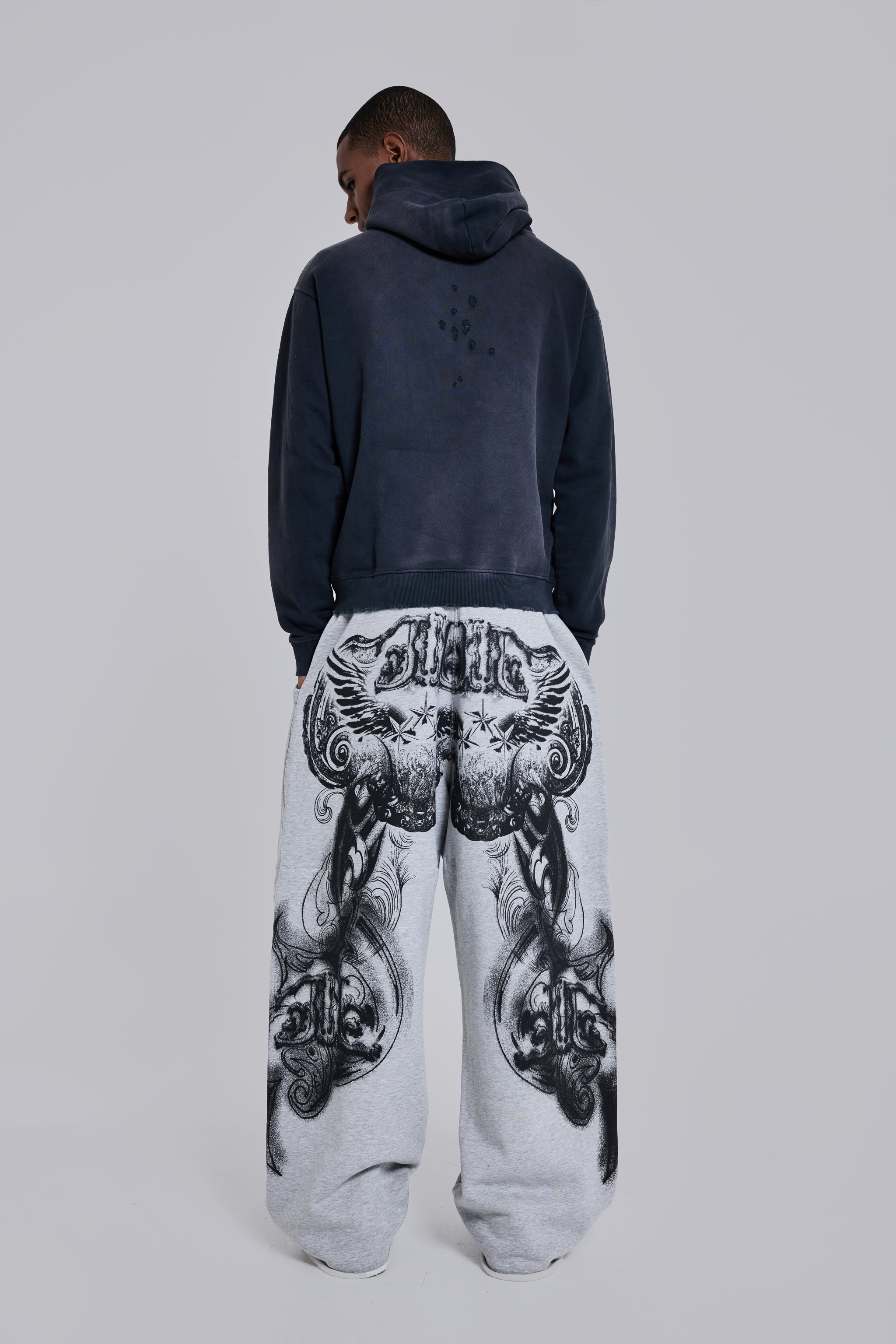 Grey Marl Gothic Print Baggy Monster Joggers