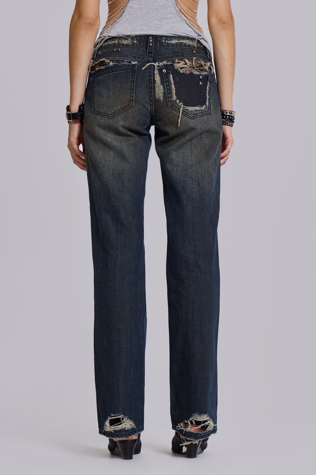 Tori Distressed Lace Low Rise Straight Leg Jeans in Dark Wash