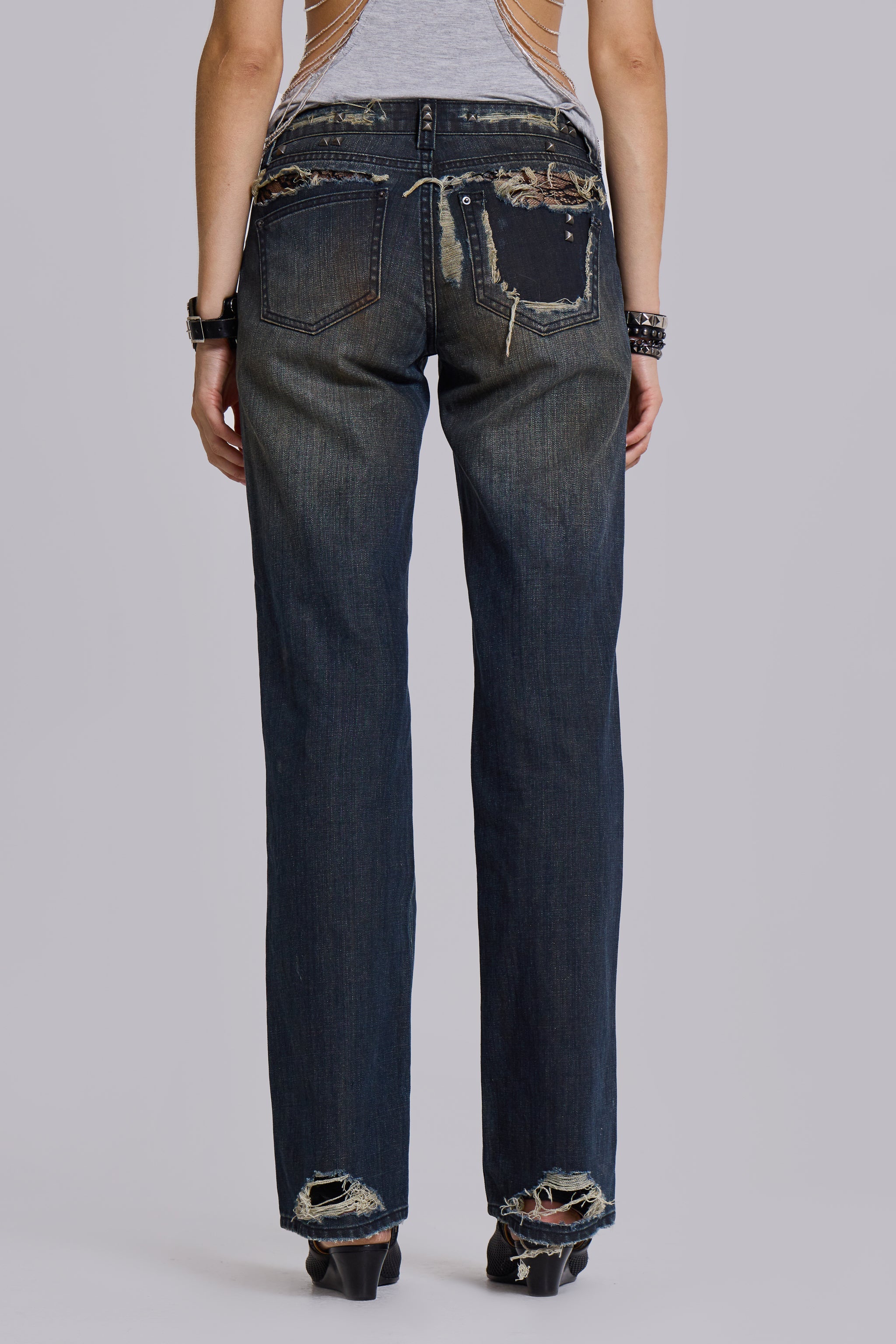Tori Distressed Lace Low Rise Straight Leg Jeans in Dark Wash