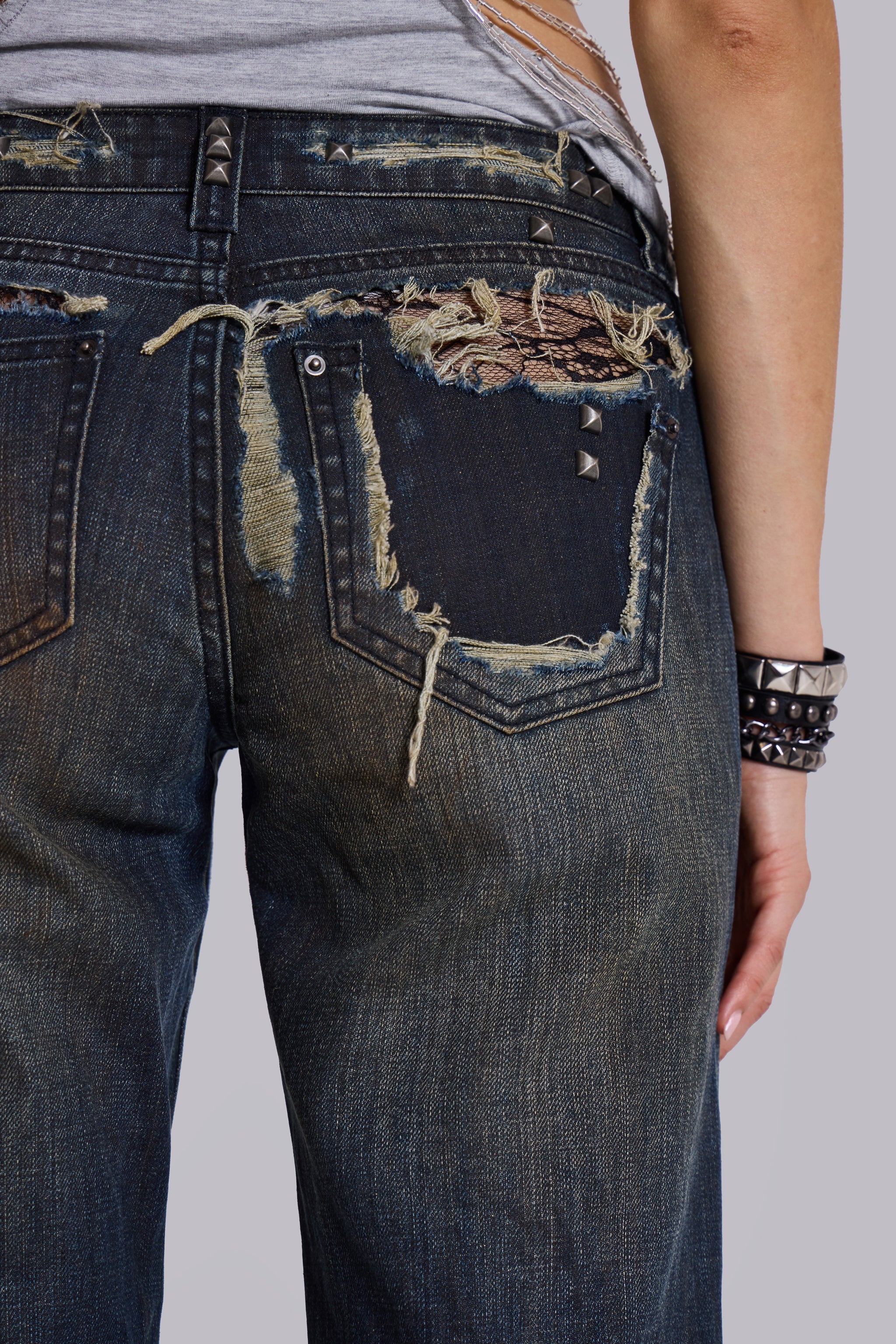 Tori Distressed Lace Low Rise Straight Leg Jeans in Dark Wash