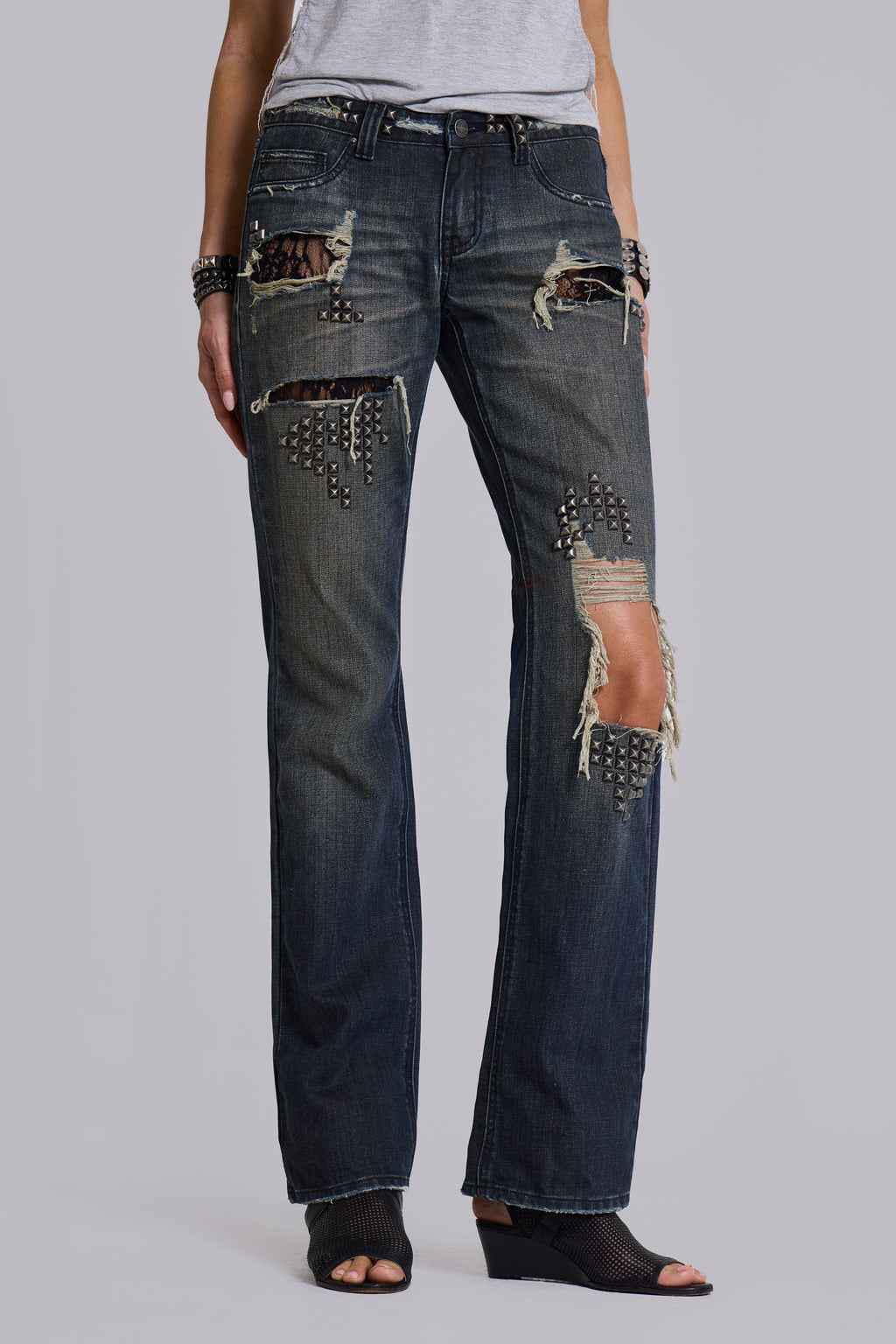 Tori Distressed Lace Low Rise Straight Leg Jeans in Dark Wash