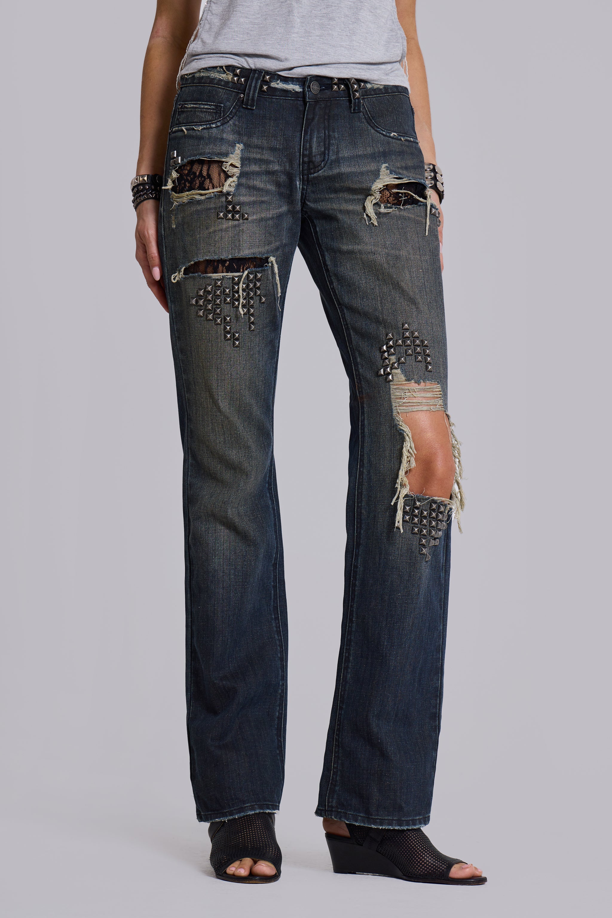 Tori Distressed Lace Low Rise Straight Leg Jeans in Dark Wash