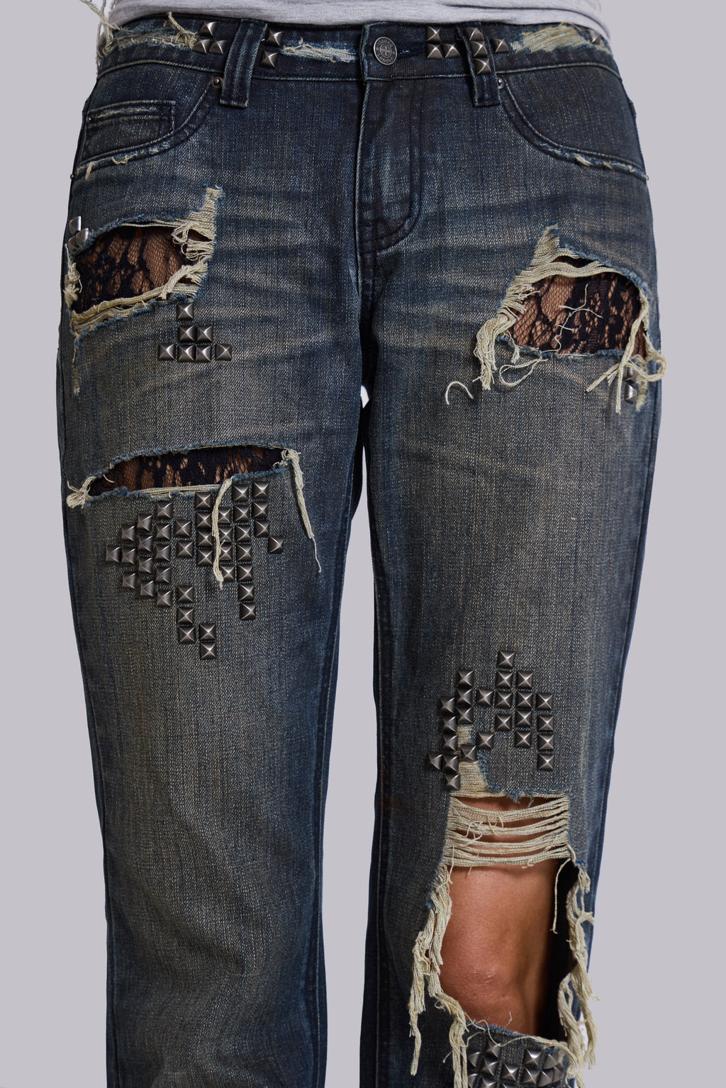 Tori Distressed Lace Low Rise Straight Leg Jeans in Dark Wash