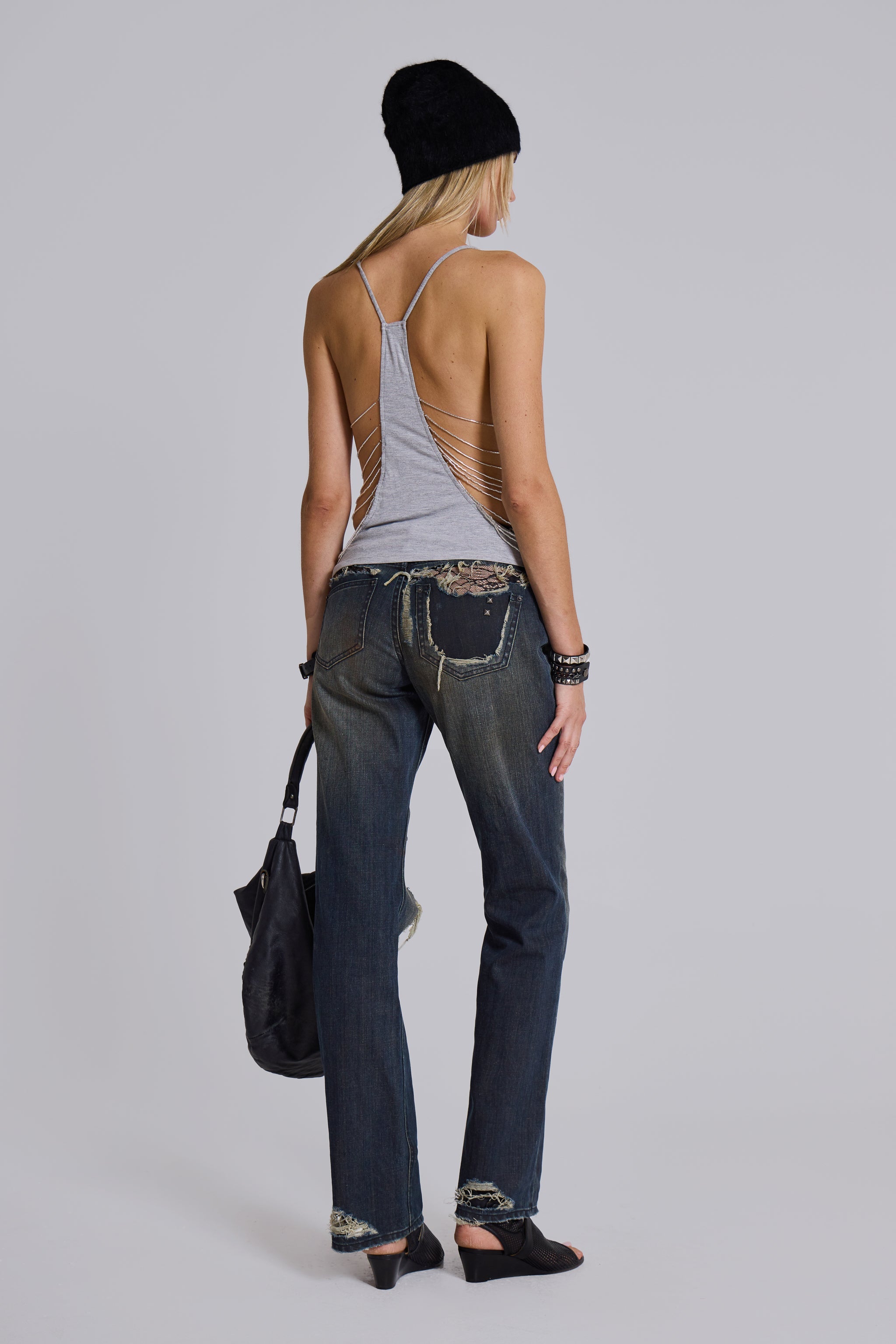 Tori Distressed Lace Low Rise Straight Leg Jeans in Dark Wash