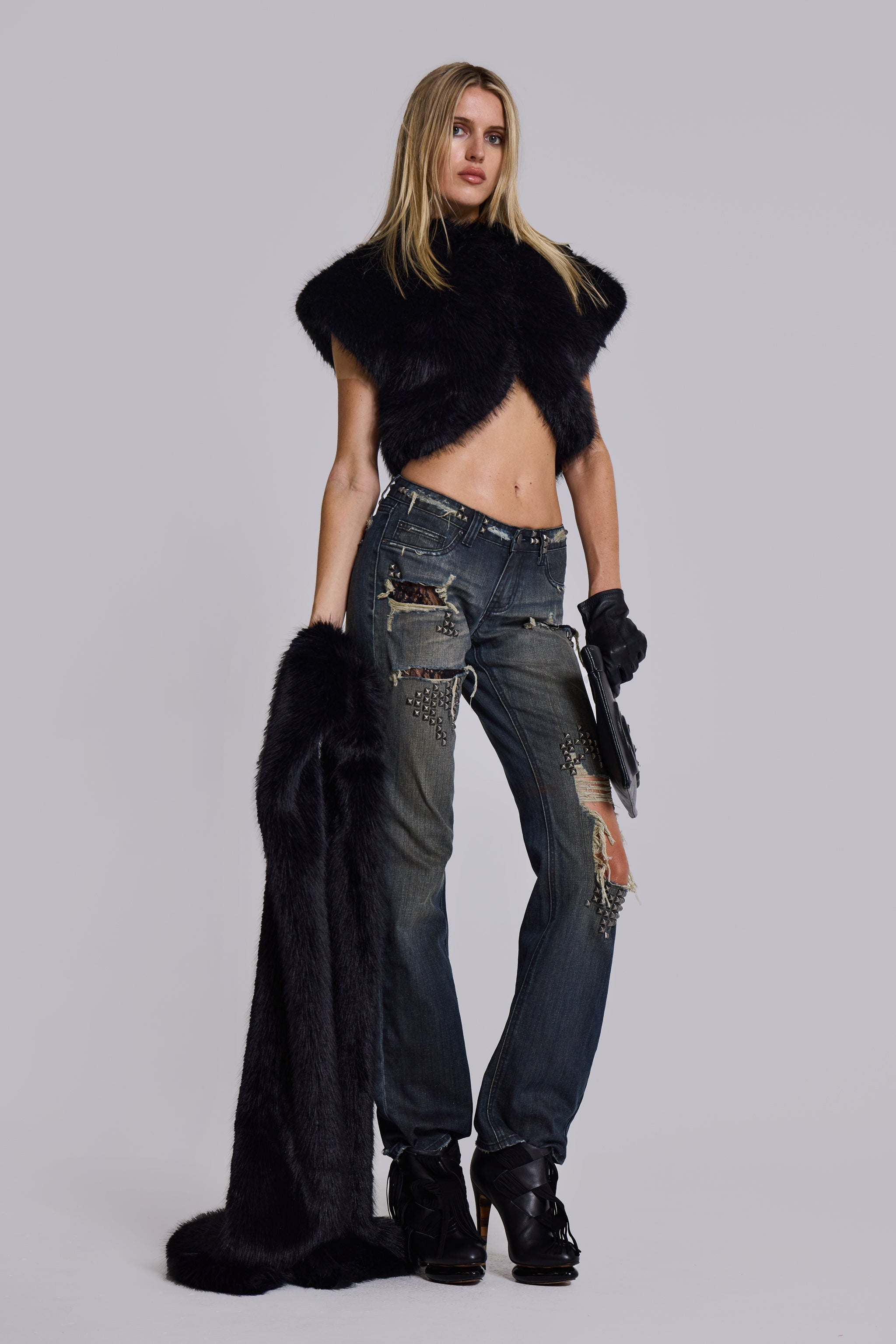 Tori Distressed Lace Low Rise Straight Leg Jeans in Dark Wash