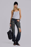 Tori Distressed Lace Low Rise Straight Leg Jeans in Dark Wash