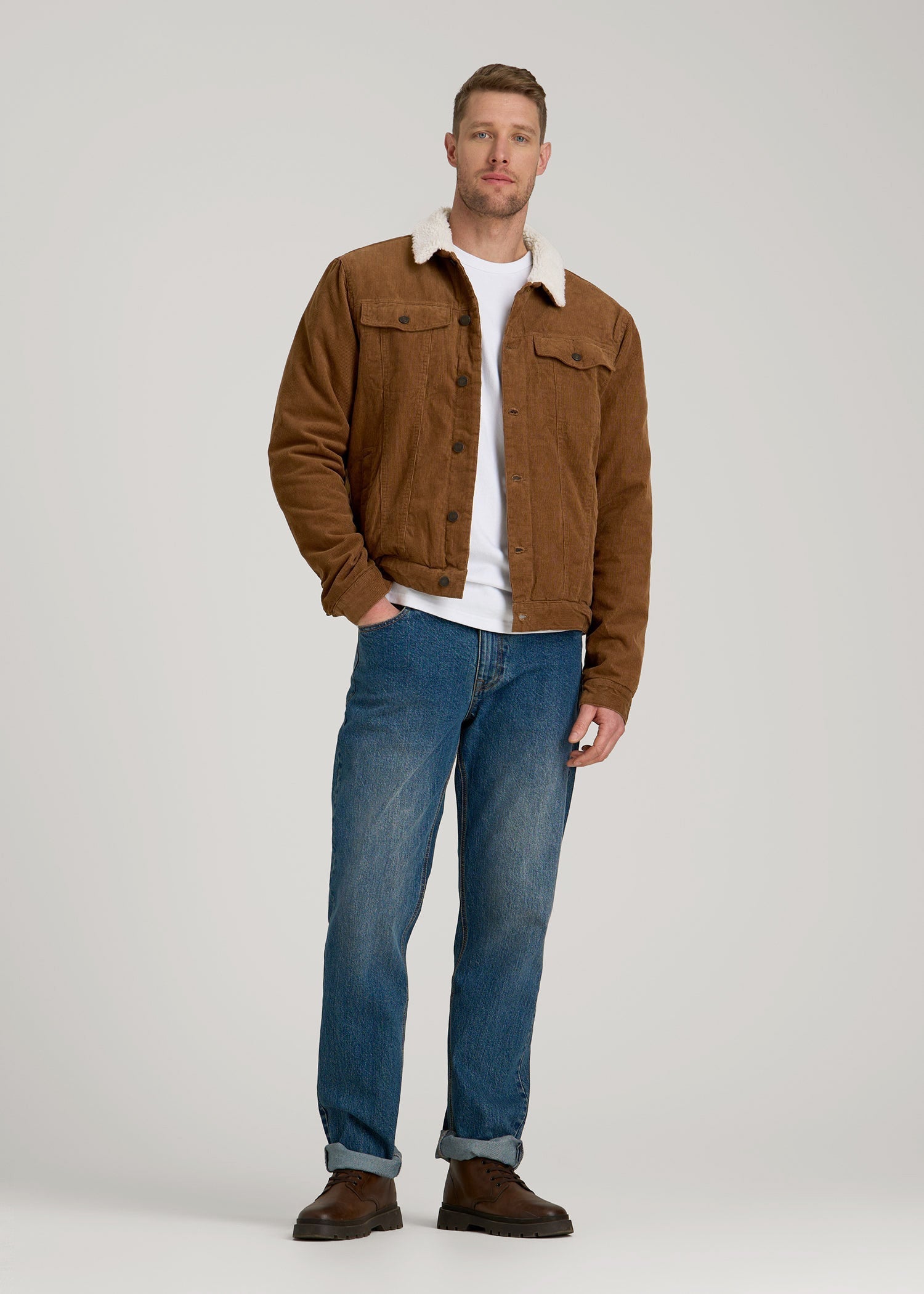 LJ&S Sherpa Corduroy Trucker Jacket for Tall Men in Tan Brown