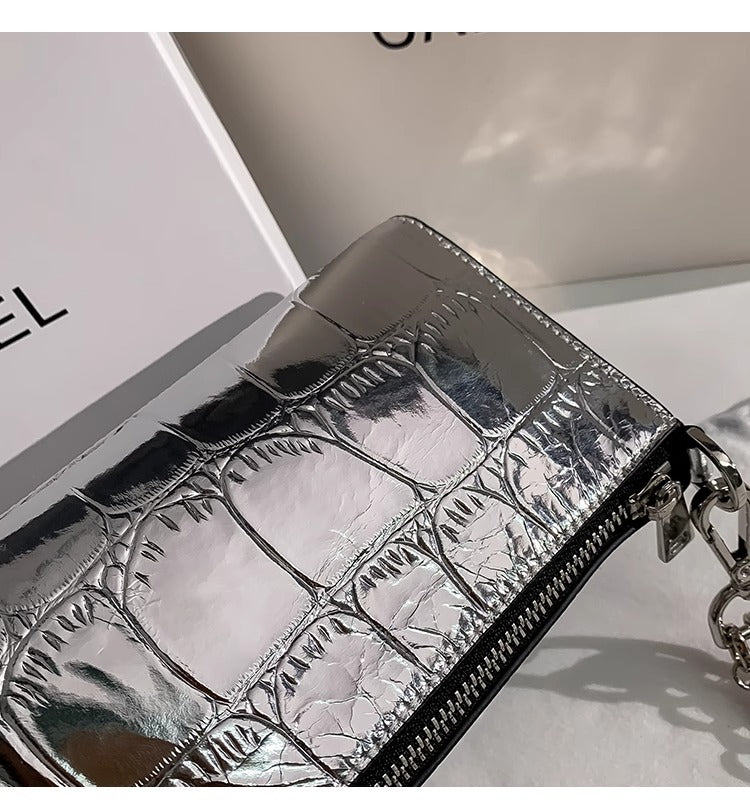 Metallic Croc PU Leather Shoulder Bag with Double Adjustable Straps | Silver Mini Party Crossbody