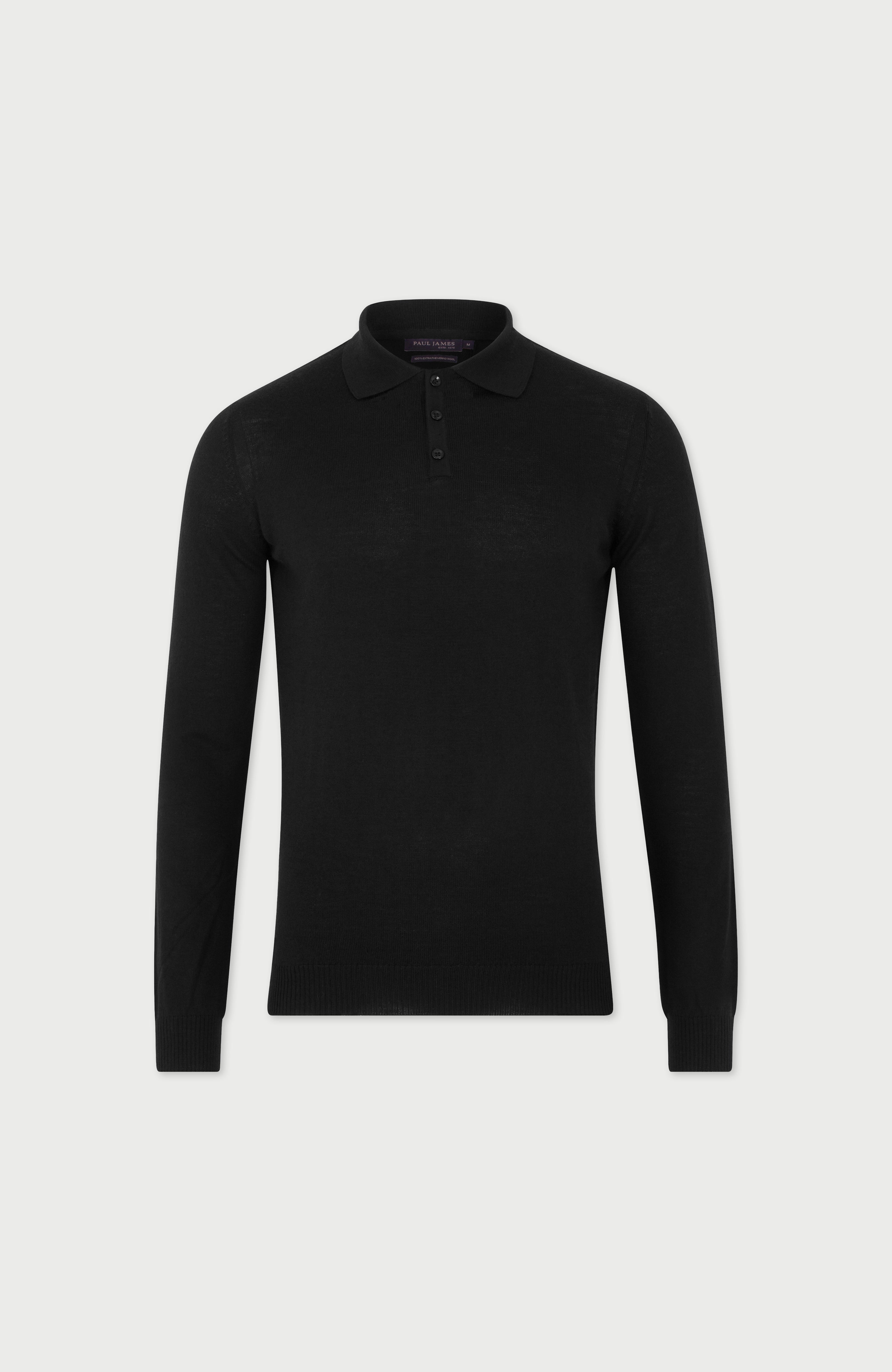 Mens Extra Fine Merino Wool Long Sleeve Polo Shirt