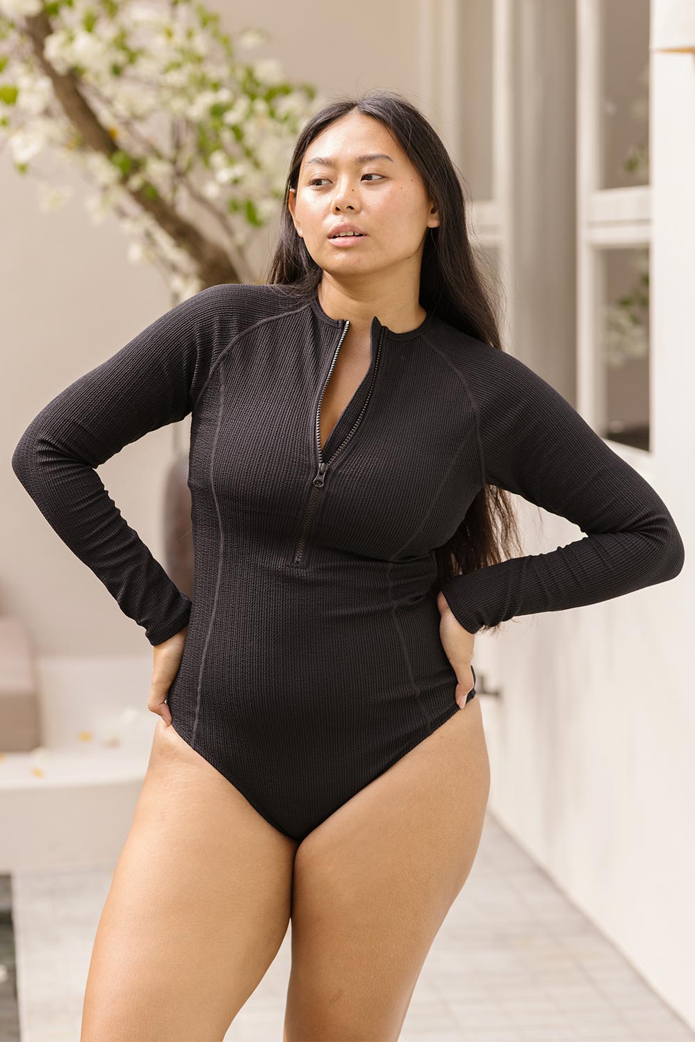 Surfers Long Sleeve Zip Up One Piece - Black Texture