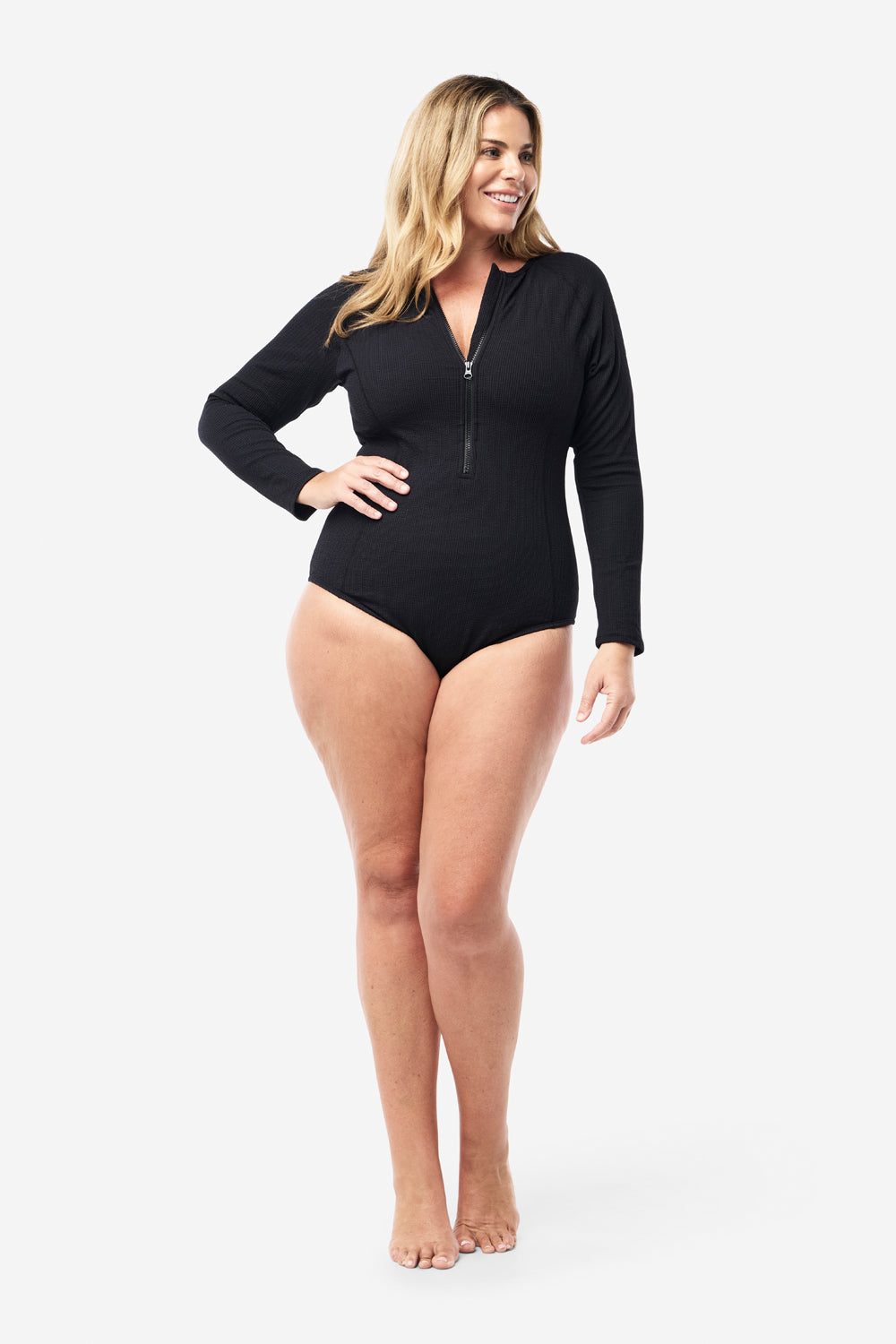 Surfers Long Sleeve Zip Up One Piece - Black Texture
