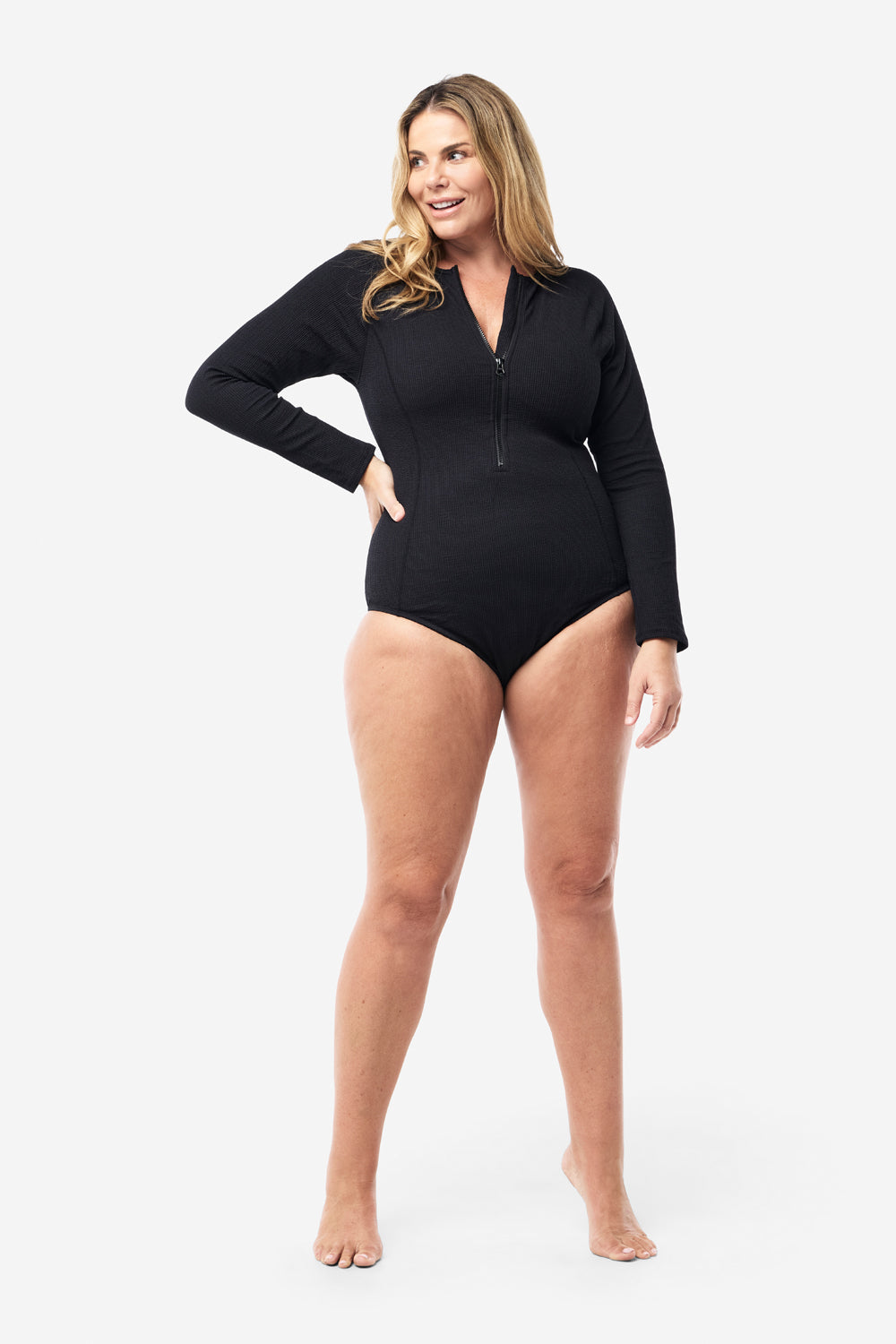 Surfers Long Sleeve Zip Up One Piece - Black Texture