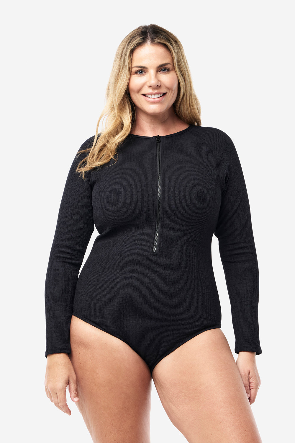 Surfers Long Sleeve Zip Up One Piece - Black Texture
