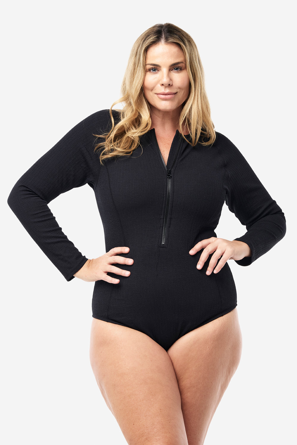 Surfers Long Sleeve Zip Up One Piece - Black Texture