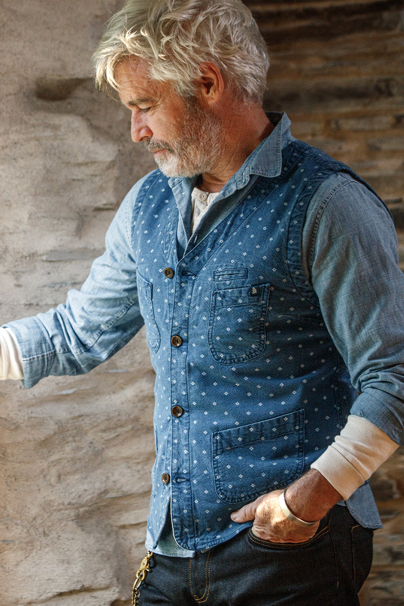 &SONS Drifter Indigo Pattern Waistcoat