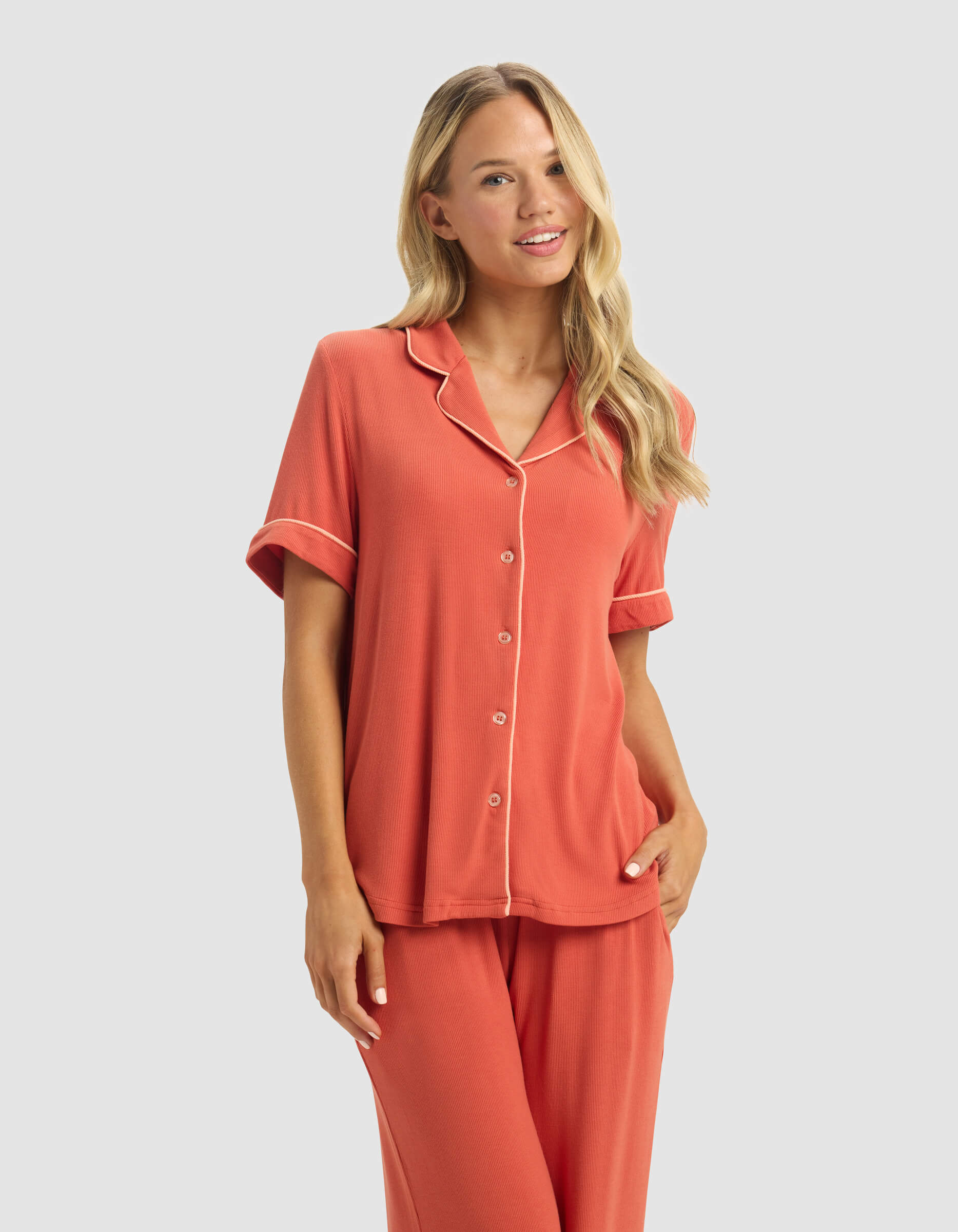 Women's Bamboo Rib-Knit Classic Short Sleeve & Pant Pajama Set