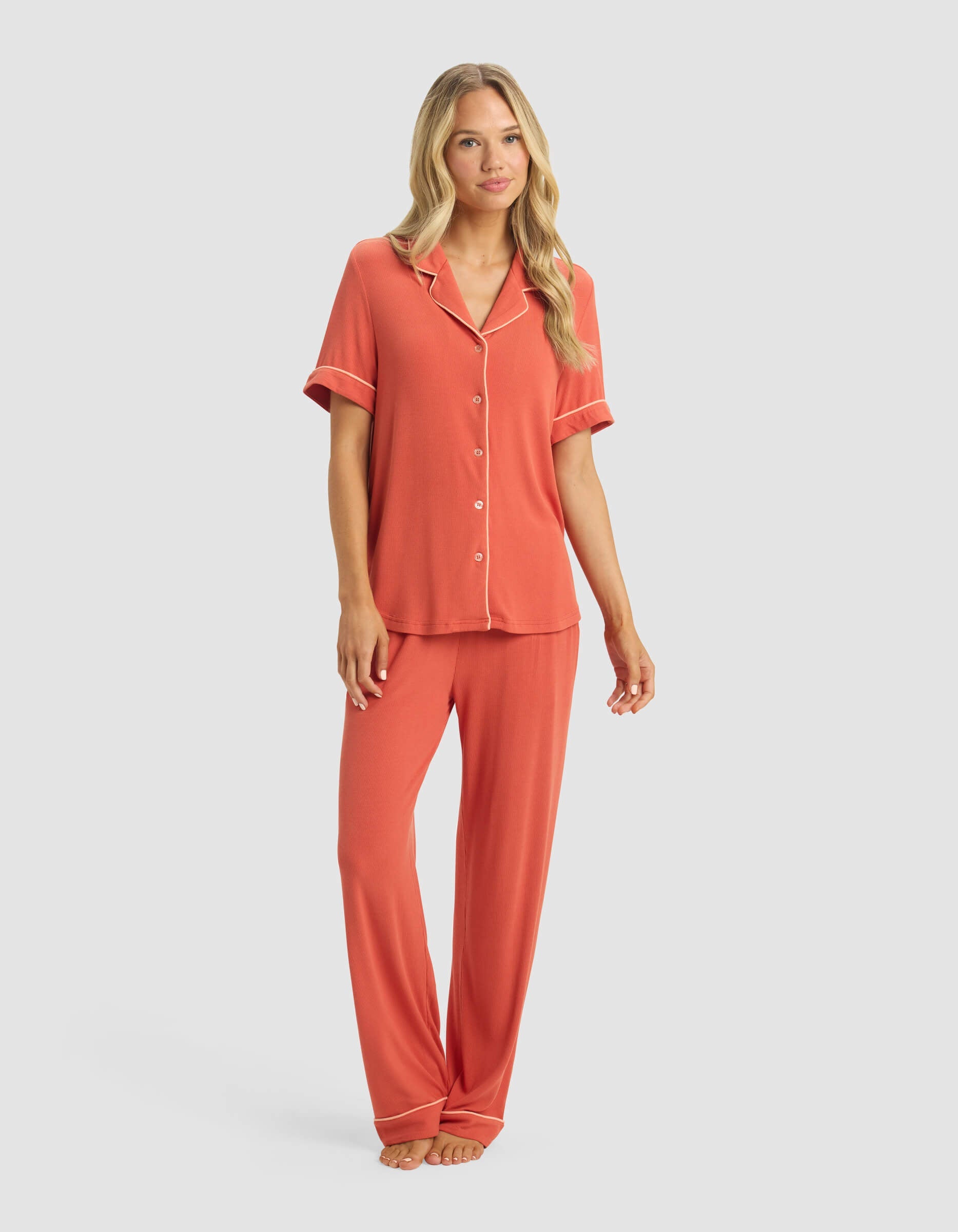 Women's Bamboo Rib-Knit Classic Short Sleeve & Pant Pajama Set