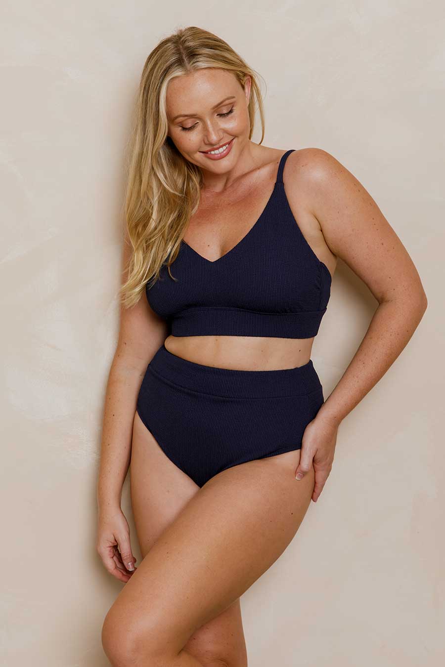 Byron High Waisted Bikini Bottom - Navy Texture
