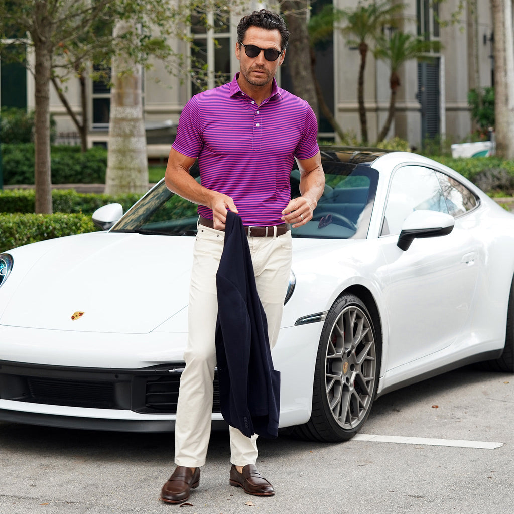 Featherweight Flex Polo Collins Berry with Navy Stripe