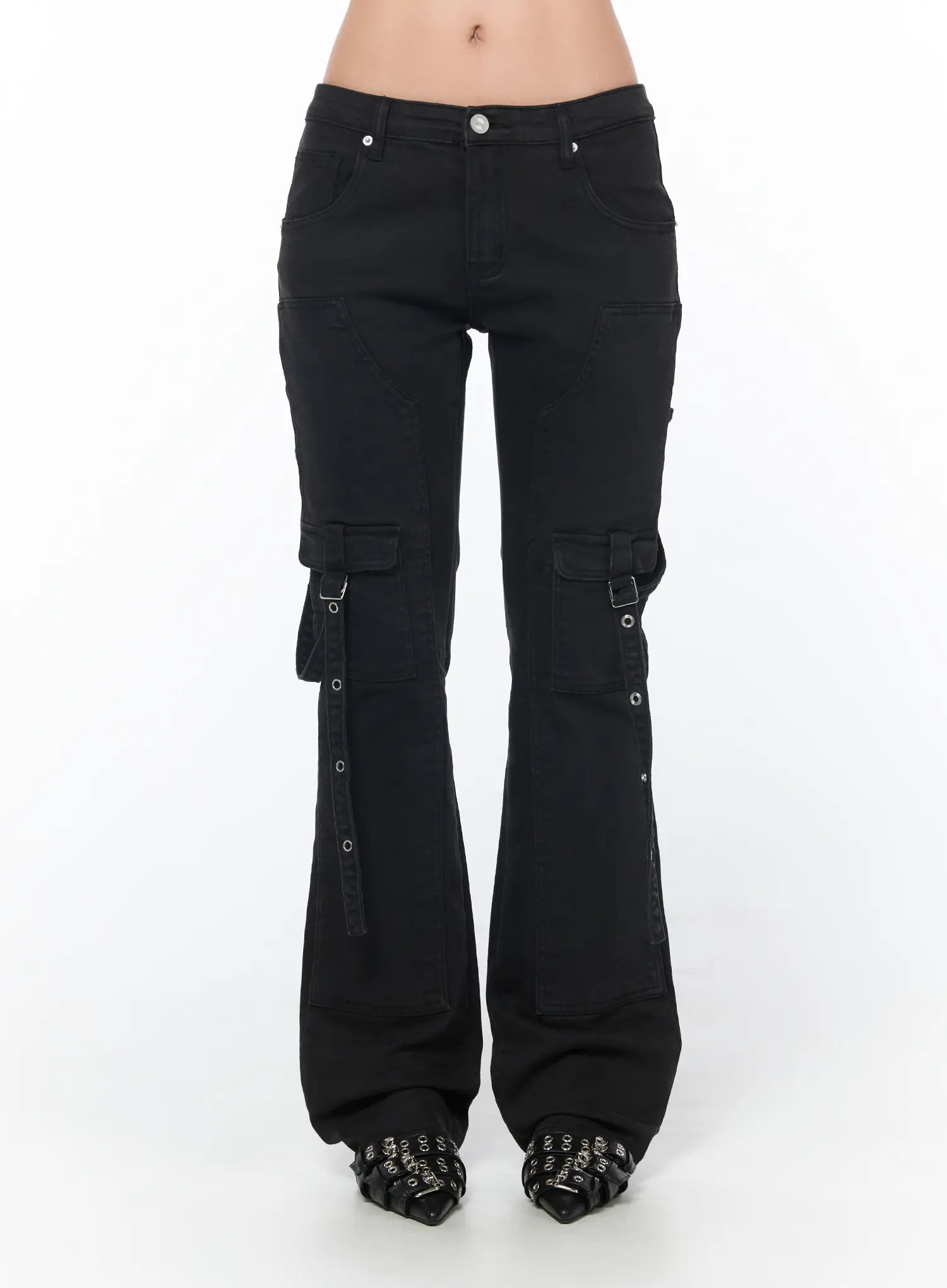 Black Buckle Bootcut Cargo Pants CY513