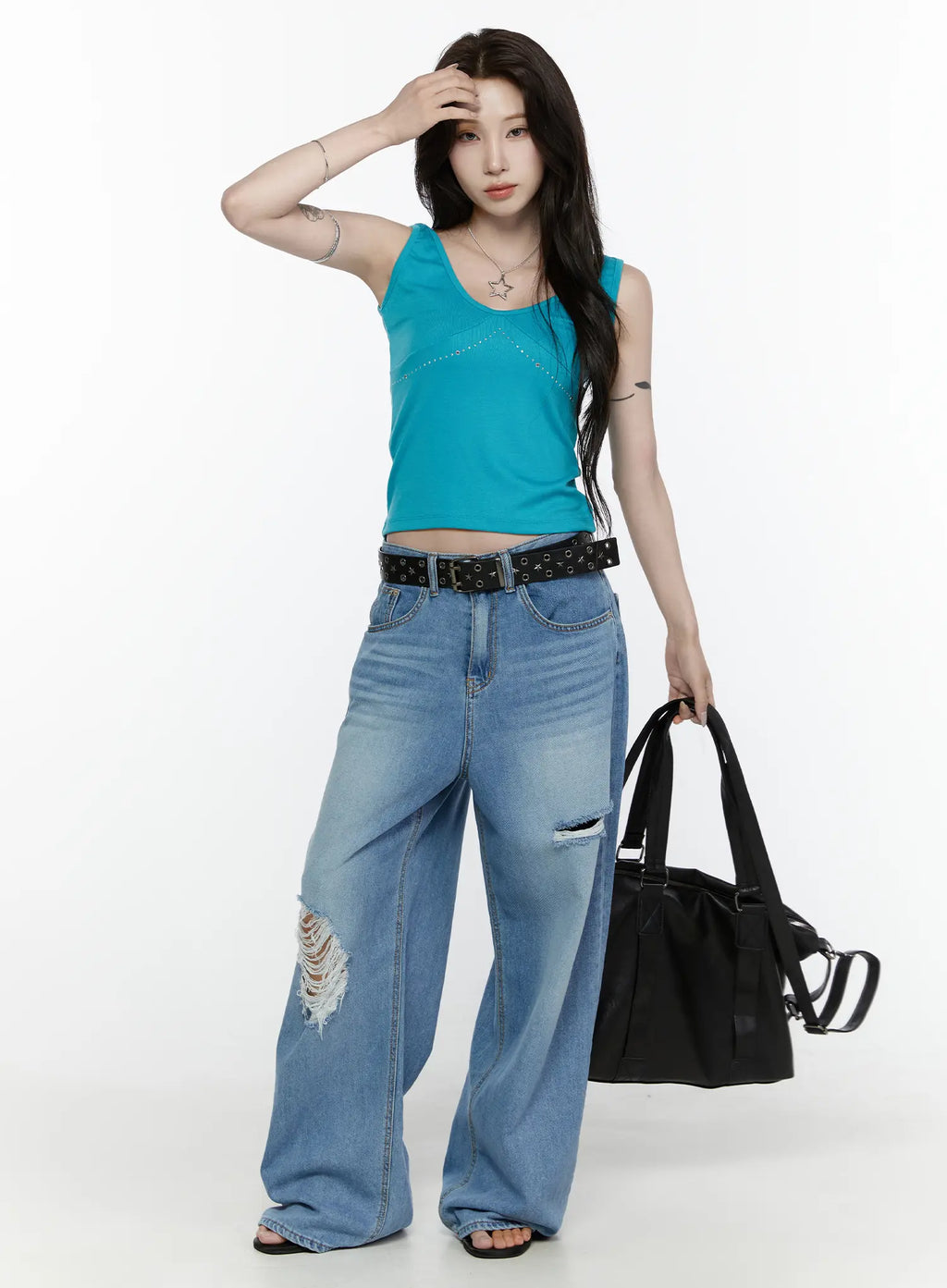 Arden Distressed High-Waist Baggy Jeans IL522