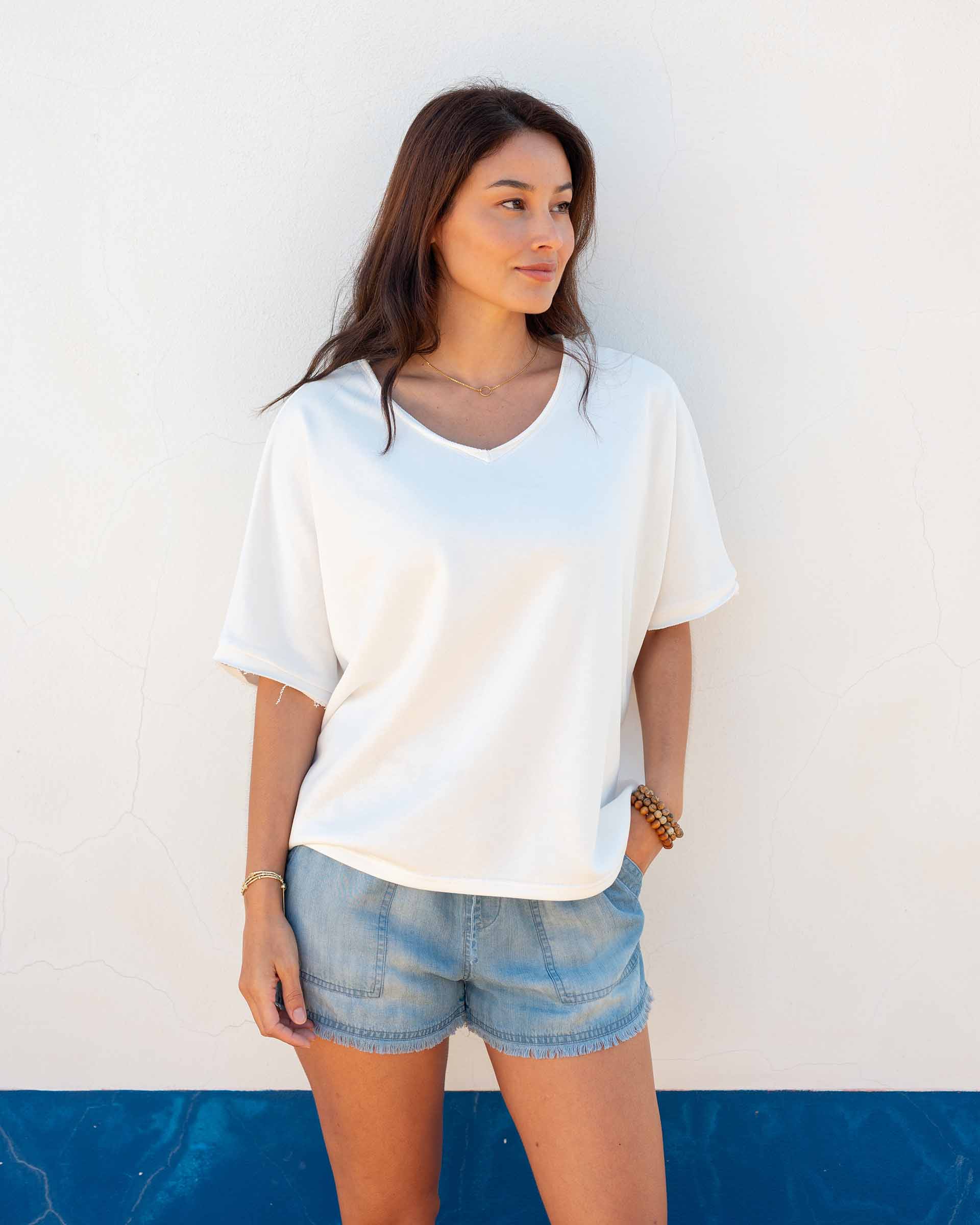 Frenchie Raw Edge V-Neck Sweatshirt